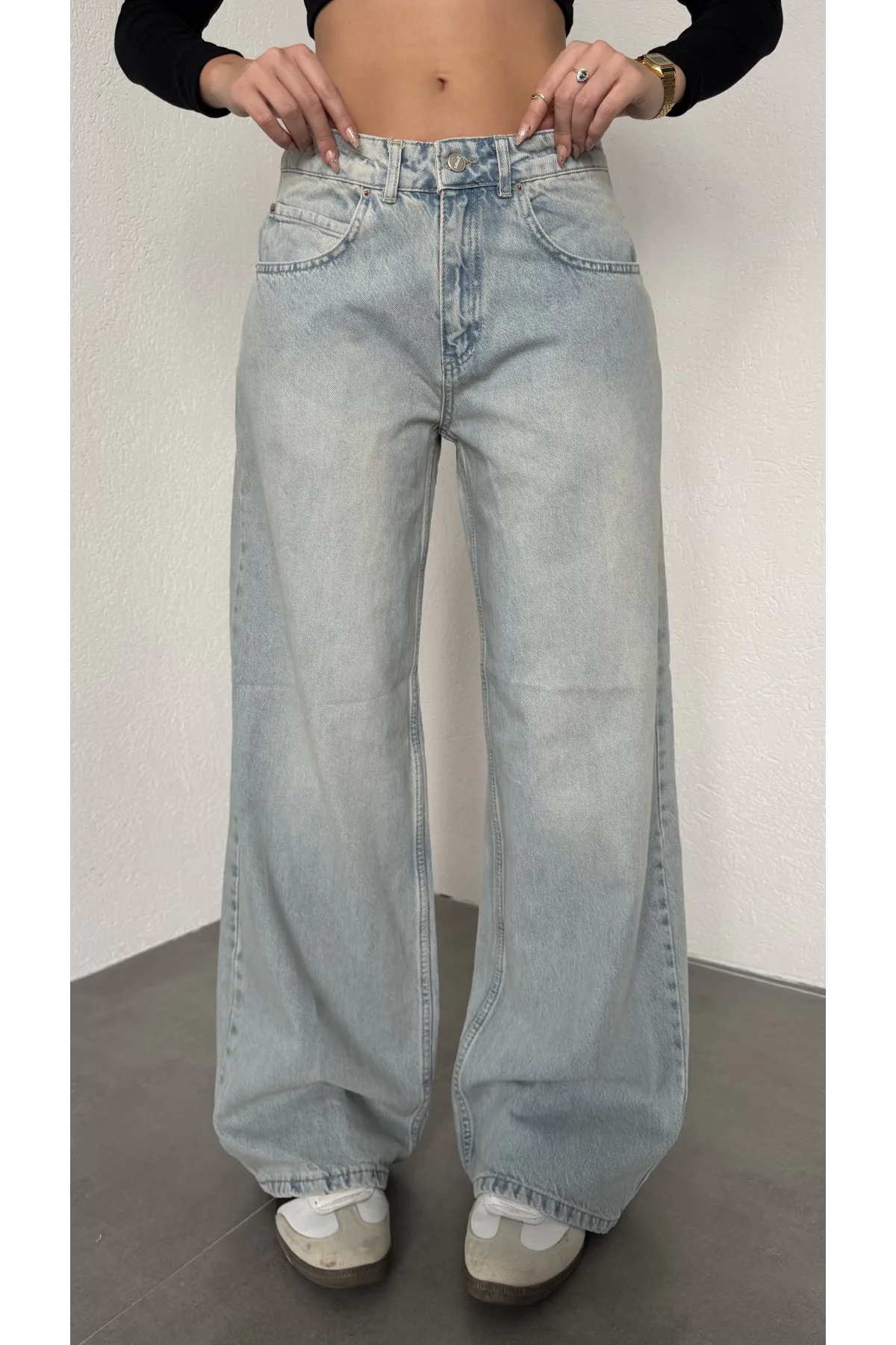 Açık Mavi Yıkamalı Süper Baggy Ektra Geniş Paça Yüksek Bel Jean Kot Pantolon