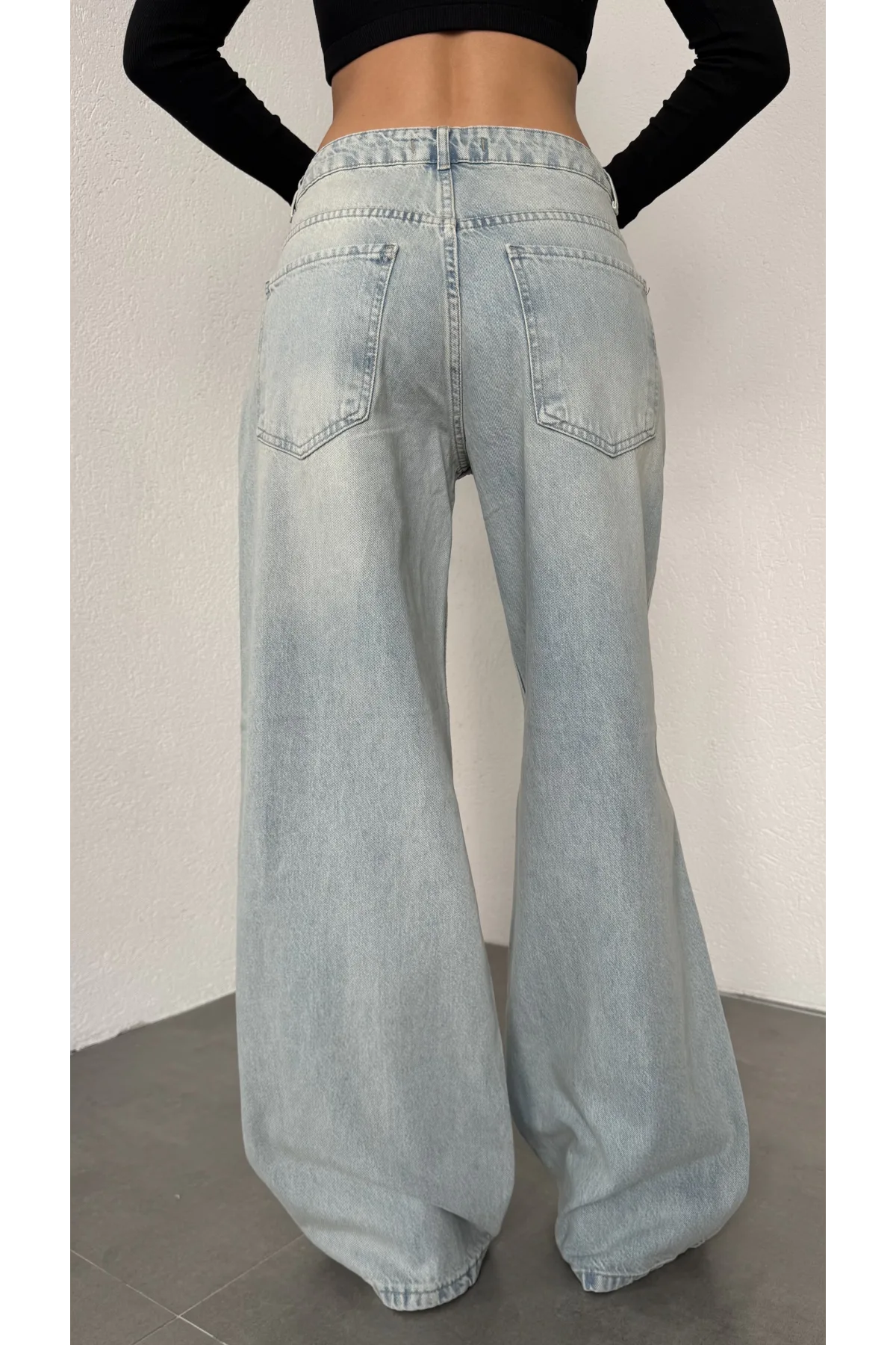 Açık Mavi Yıkamalı Süper Baggy Ektra Geniş Paça Yüksek Bel Jean Kot Pantolon