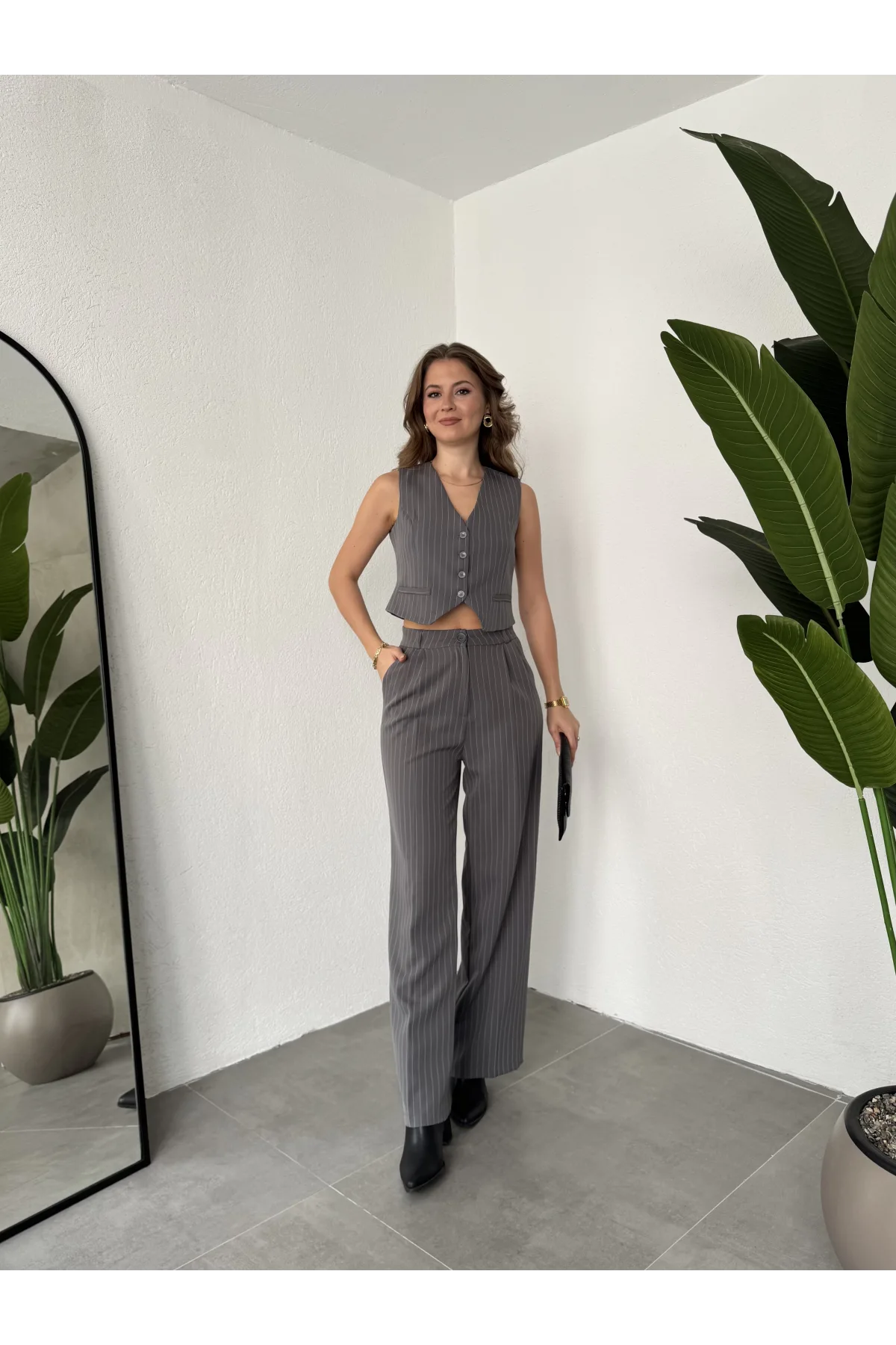 Antrasit Çizgili Düğmeli Yelek Pileli Palazzo Pantolon İkili Takım