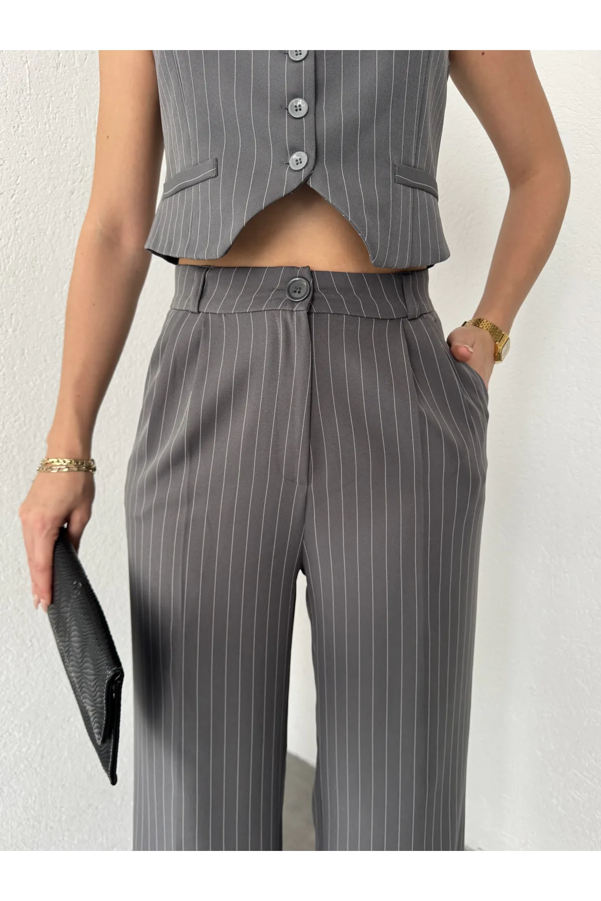 Antrasit Çizgili Düğmeli Yelek Pileli Palazzo Pantolon İkili Takım