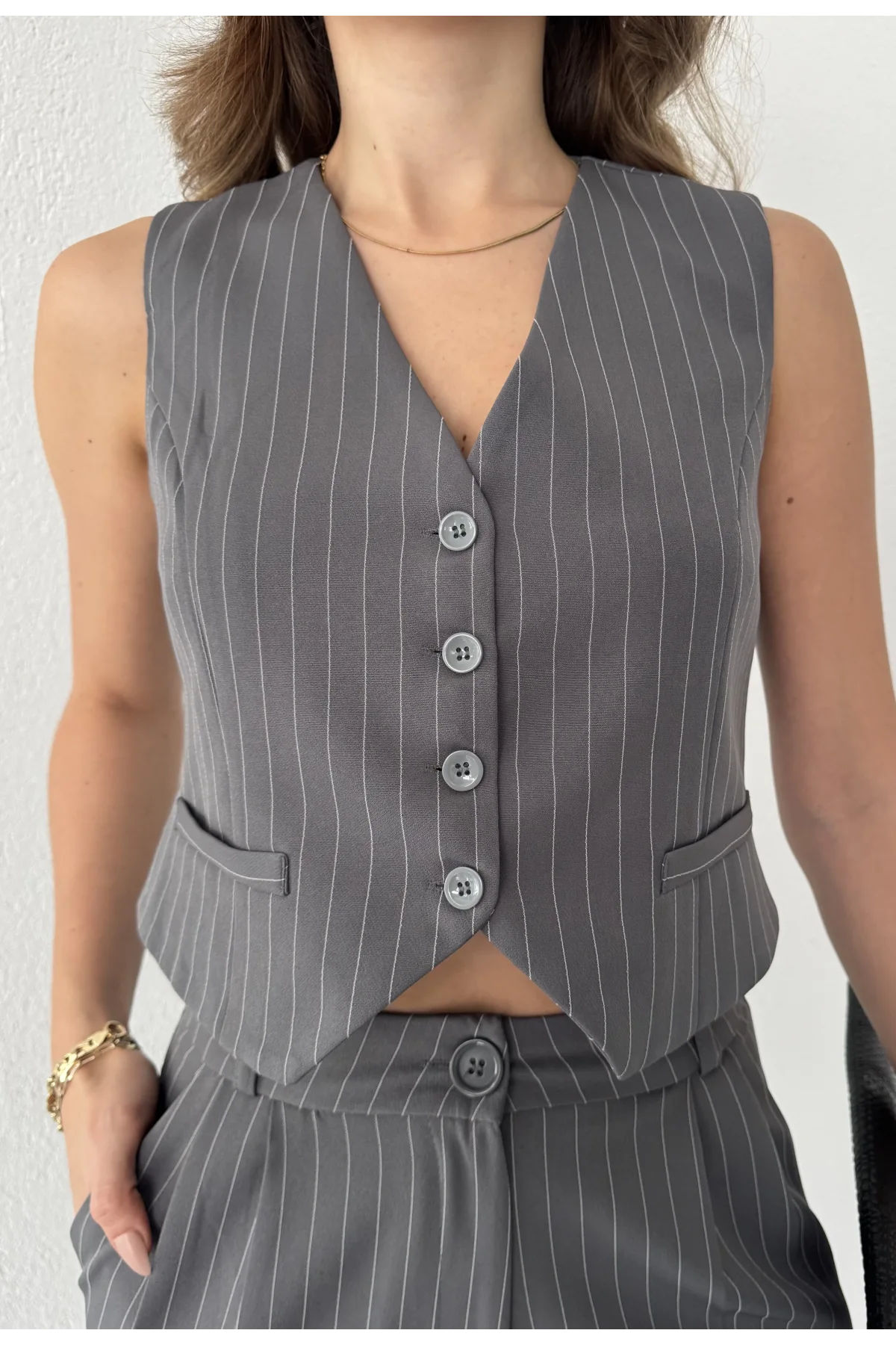 Antrasit Çizgili Düğmeli Yelek Pileli Palazzo Pantolon İkili Takım