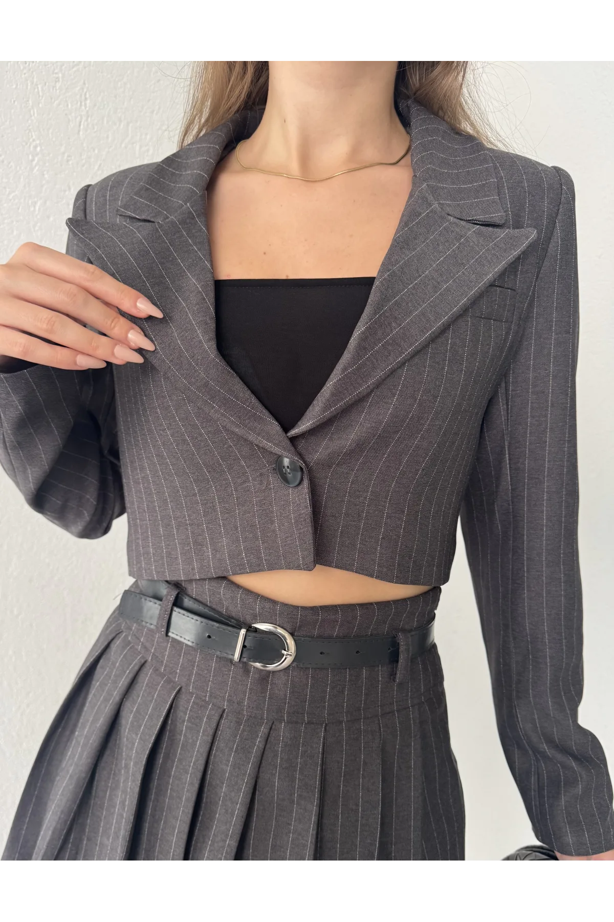 Antrasit Çizgili Tek Düğmeli Astarlı Crop Ceket