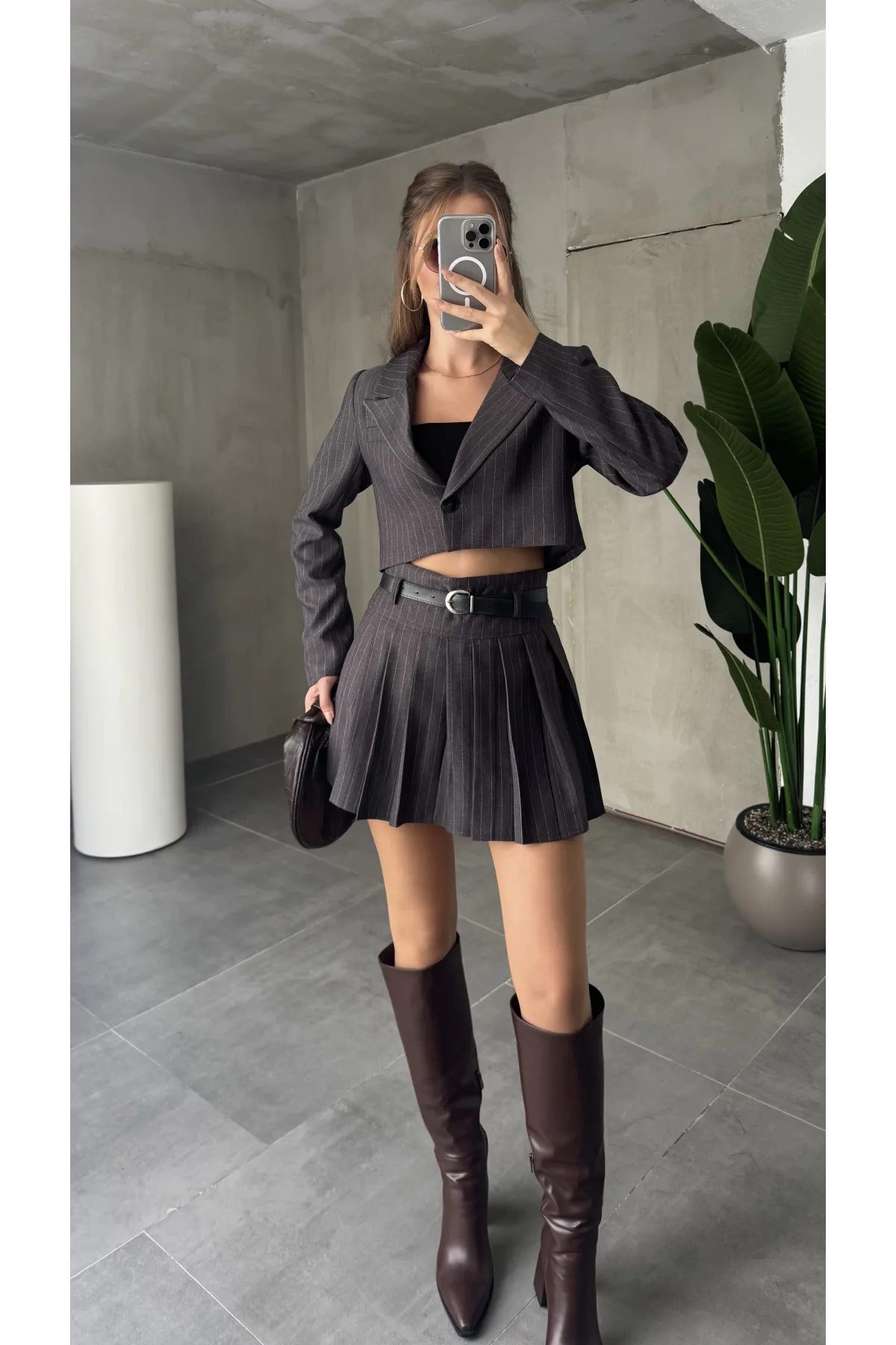 Antrasit Çizgili Tek Düğmeli Astarlı Crop Ceket