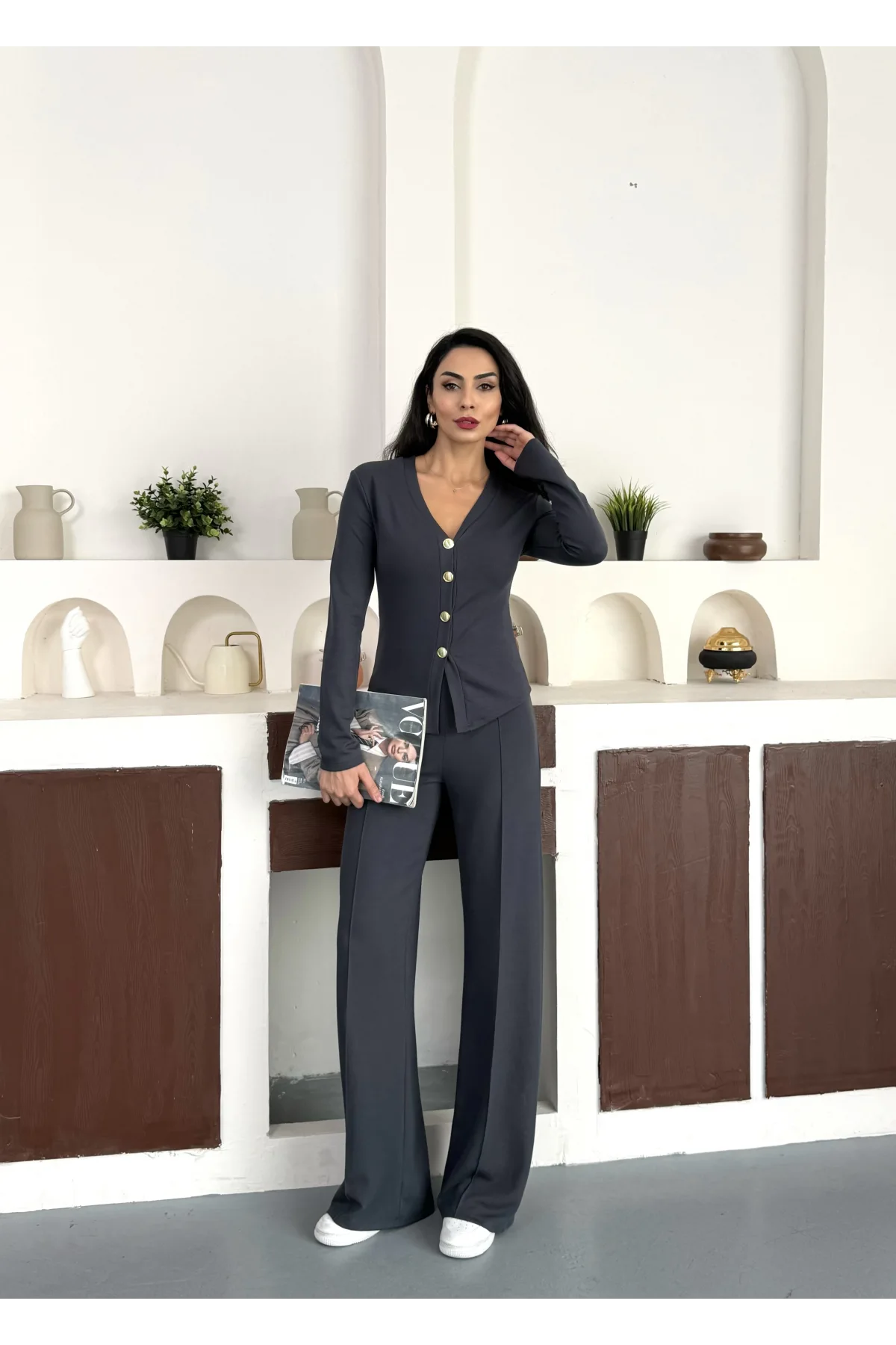 Antrasit Gold Düğme Detaylı V Yaka Hırka İspanyol Paça Çimalı Viral Günlük Takım