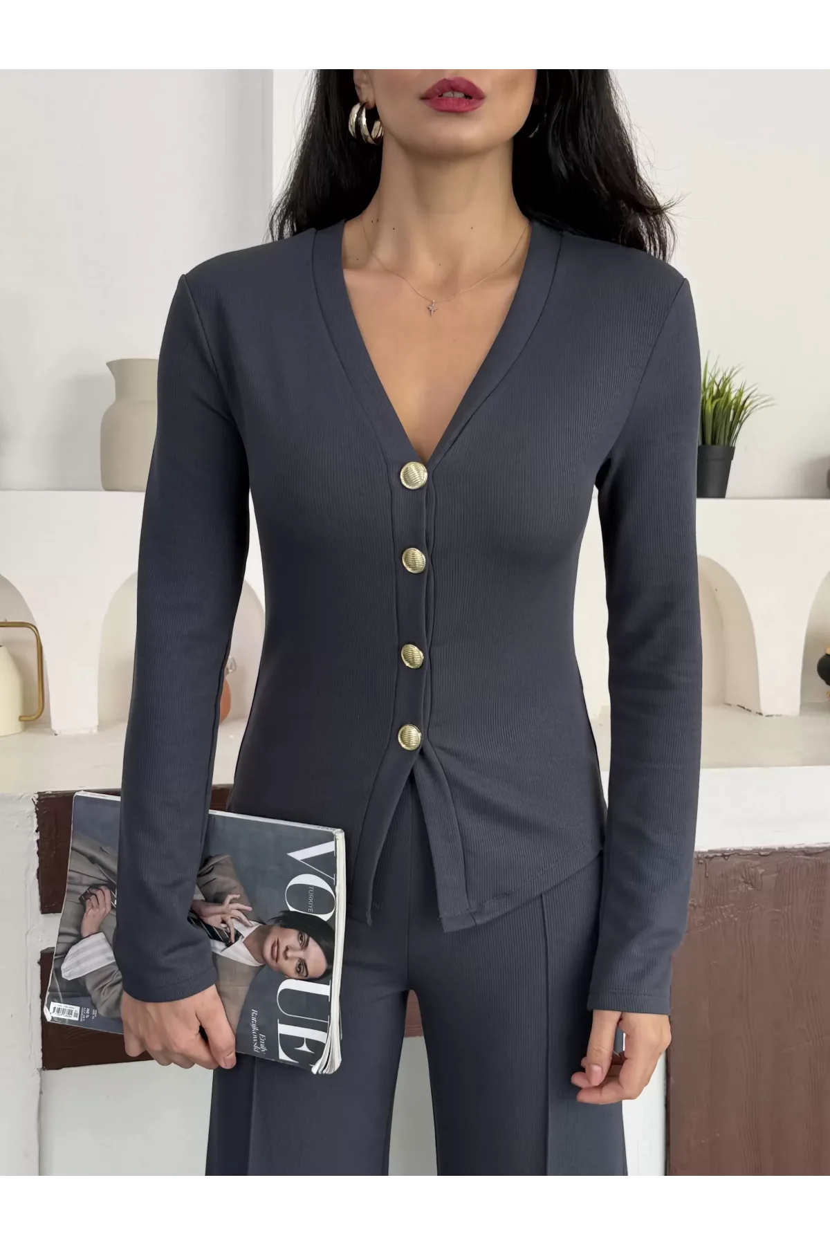 Antrasit Gold Düğme Detaylı V Yaka Hırka İspanyol Paça Çimalı Viral Günlük Takım