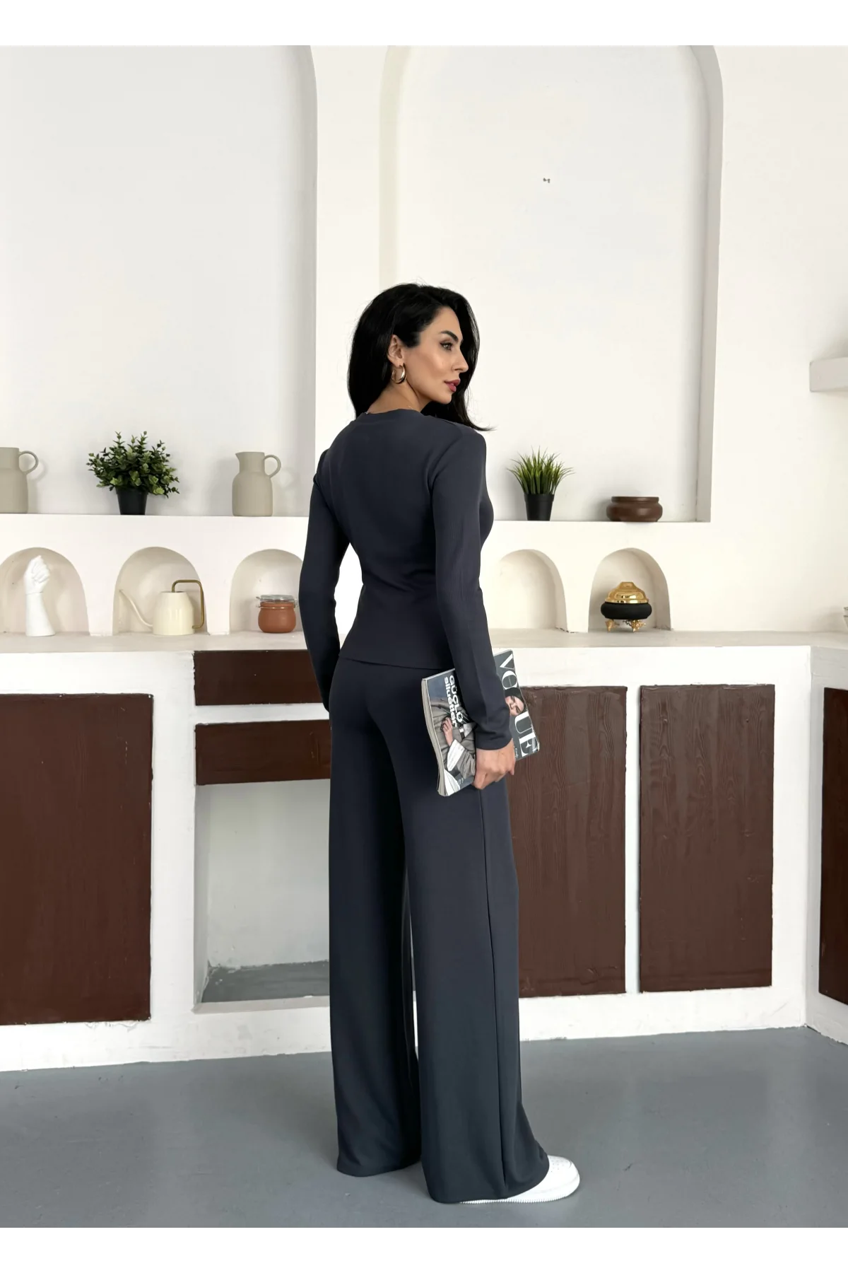 Antrasit Gold Düğme Detaylı V Yaka Hırka İspanyol Paça Çimalı Viral Günlük Takım