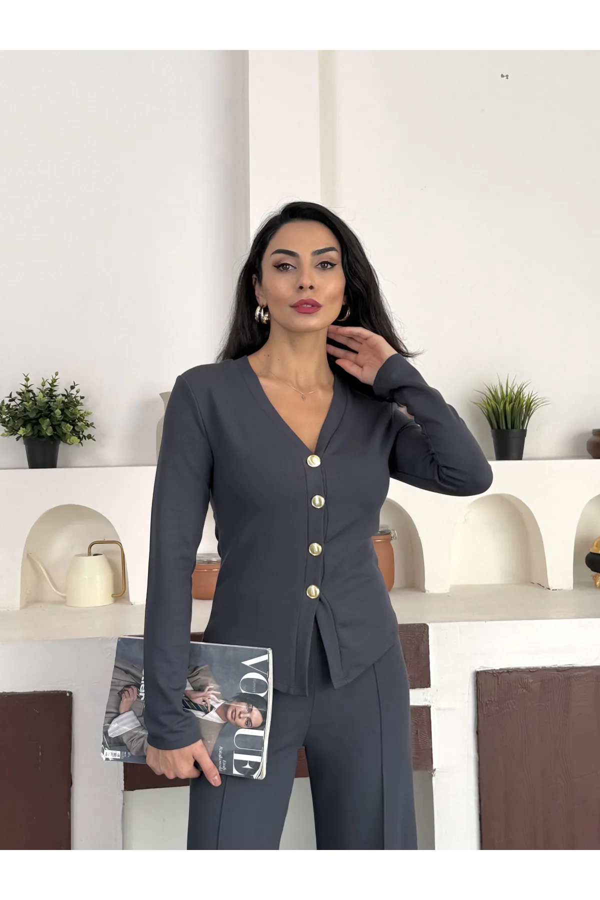 Antrasit Gold Düğme Detaylı V Yaka Hırka İspanyol Paça Çimalı Viral Günlük Takım