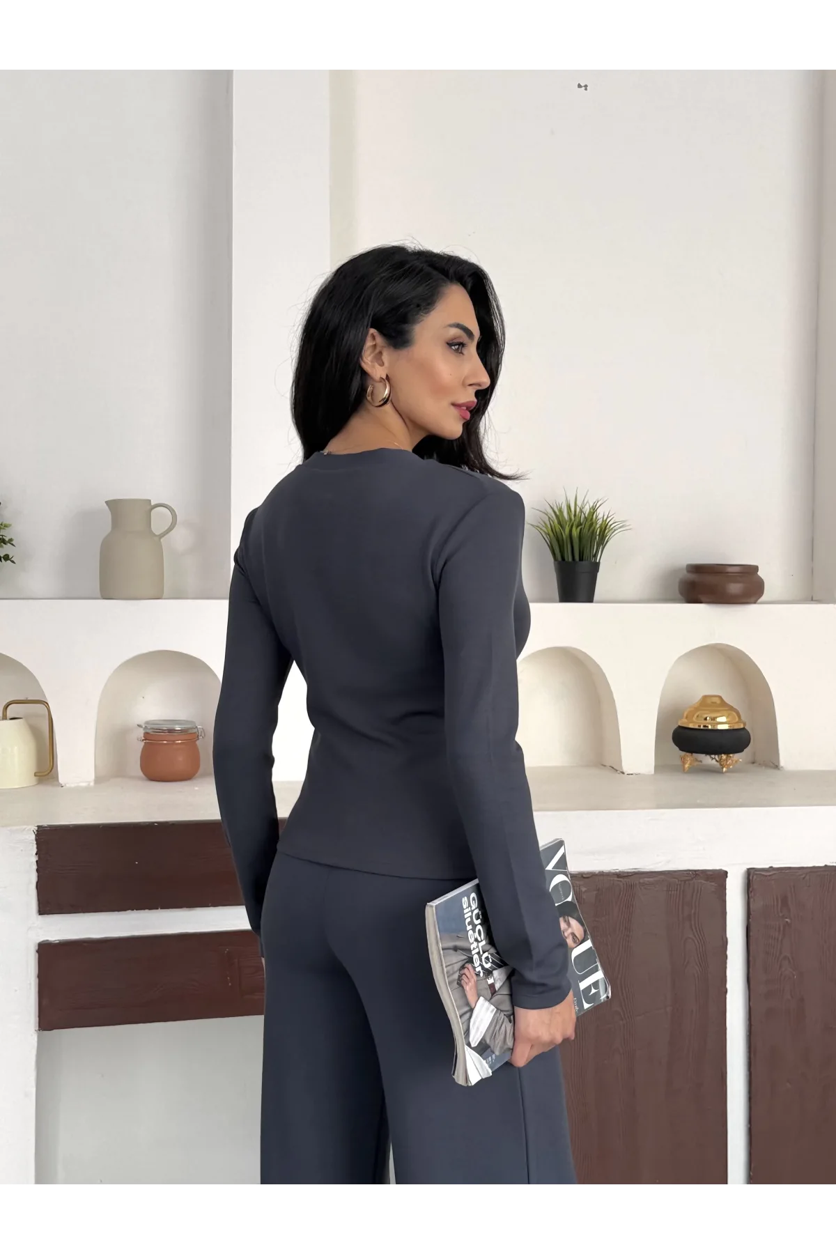 Antrasit Gold Düğme Detaylı V Yaka Hırka İspanyol Paça Çimalı Viral Günlük Takım