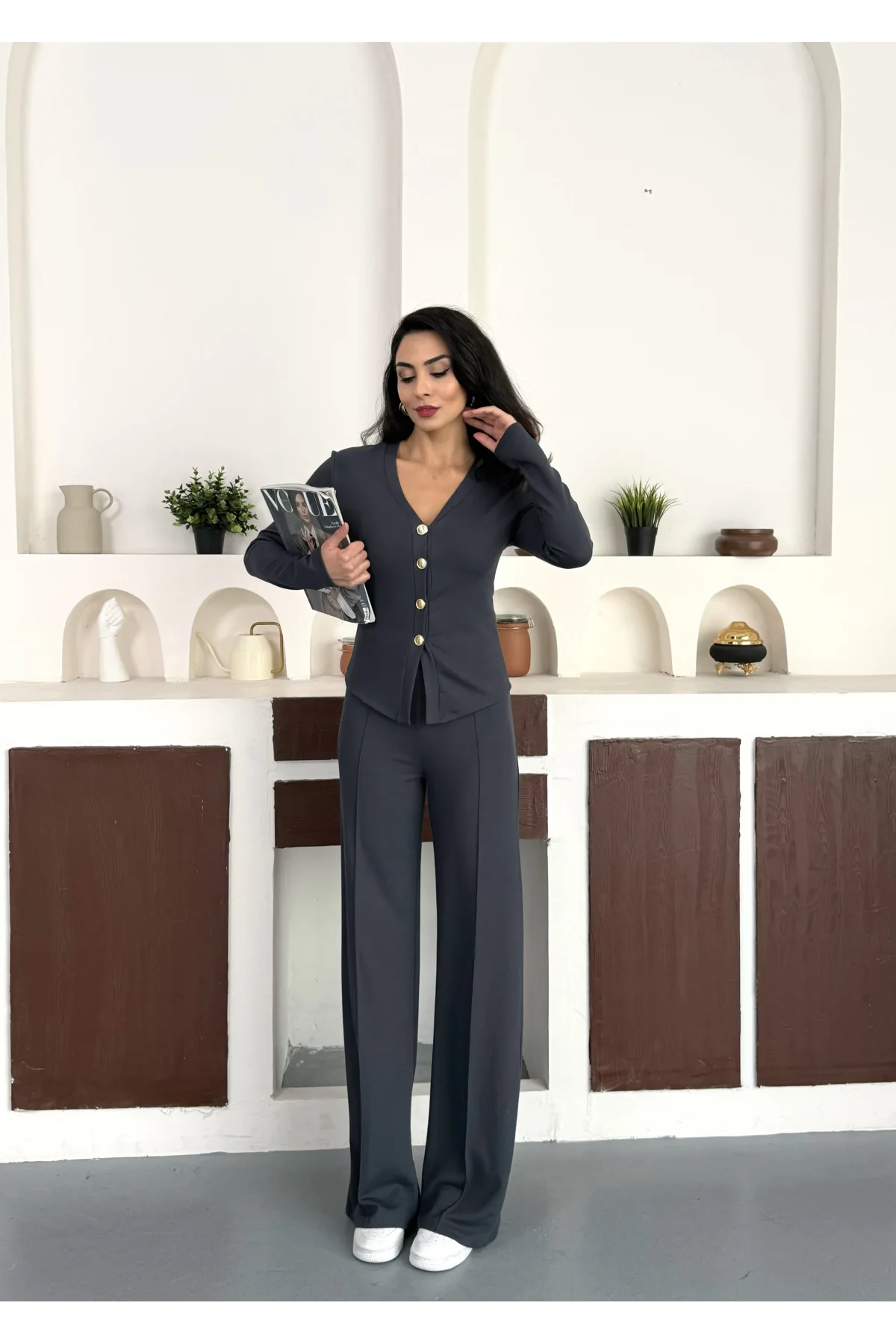 Antrasit Gold Düğme Detaylı V Yaka Hırka İspanyol Paça Çimalı Viral Günlük Takım