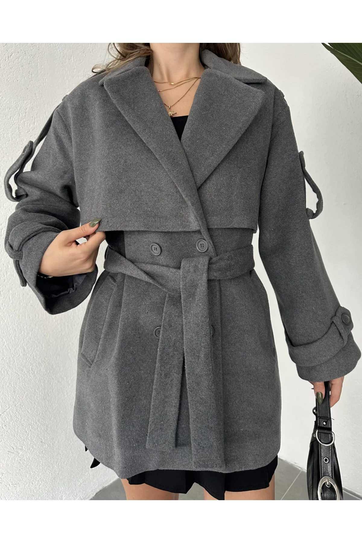 Antrasit Kruvaze Oversize Astarlı Cepli Kuşaklı Kaşe Mont Kaban