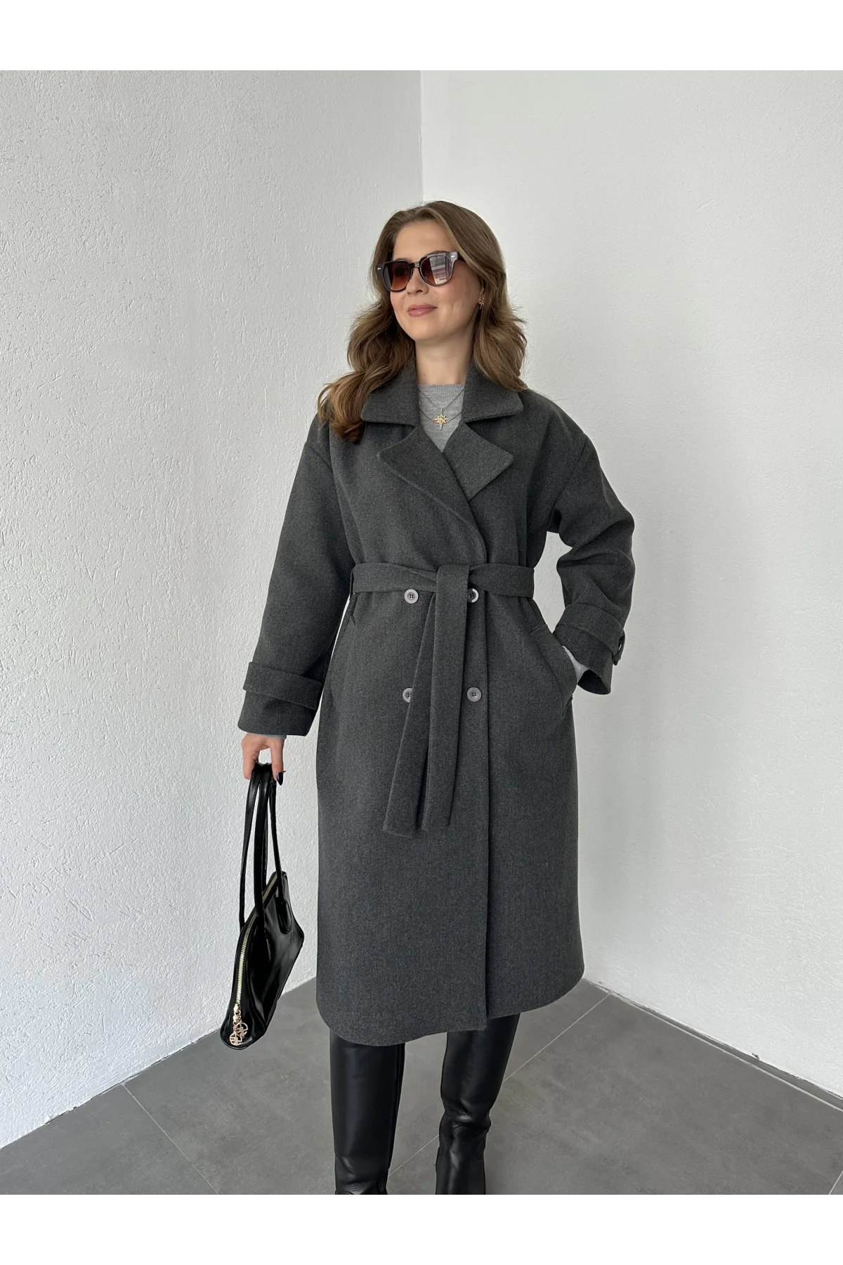 Antrasit Kruvaze Oversize Premium Kalite Kuşaklı Tam Boy Uzun Kaşe Mont
