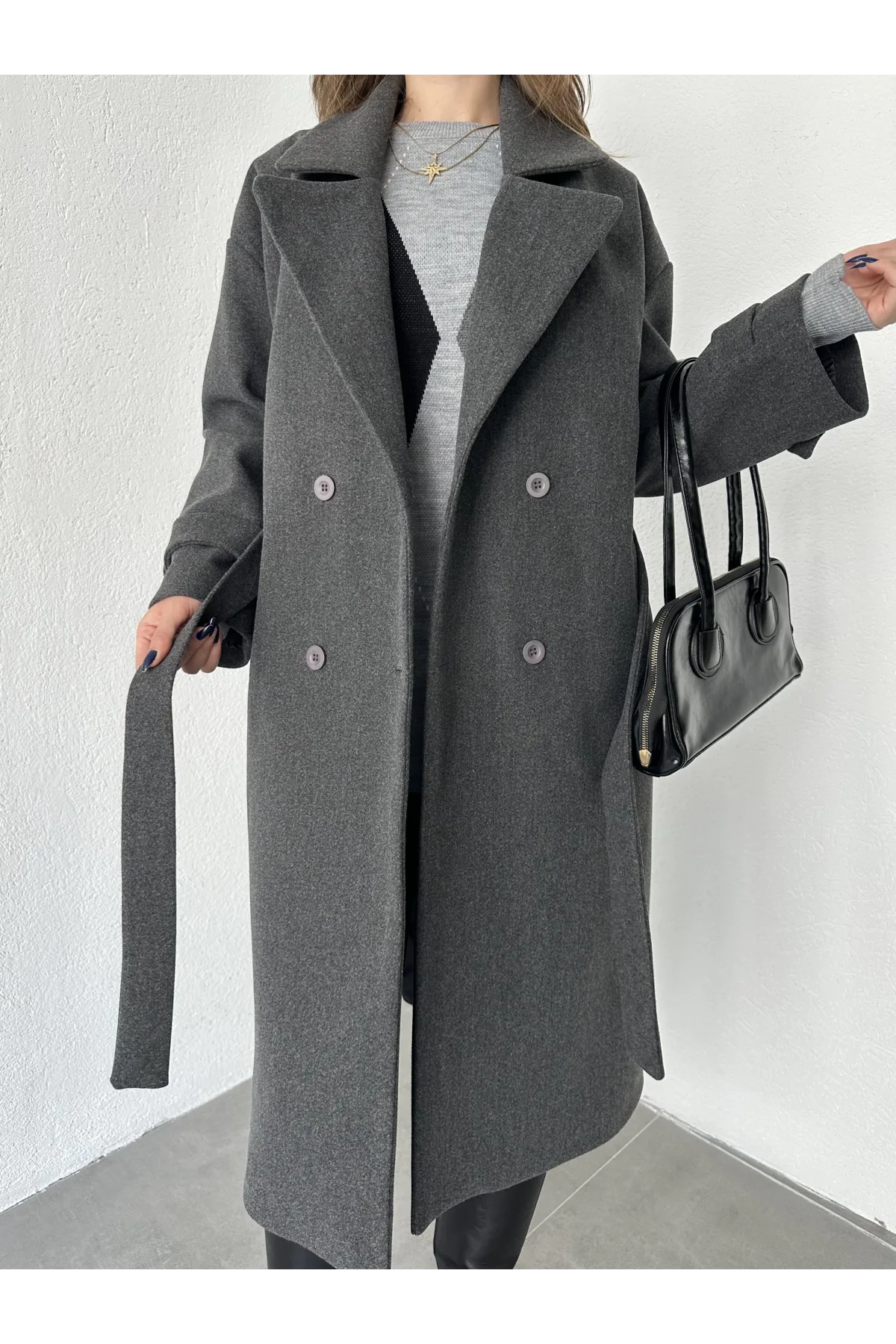 Antrasit Kruvaze Oversize Premium Kalite Kuşaklı Tam Boy Uzun Kaşe Mont