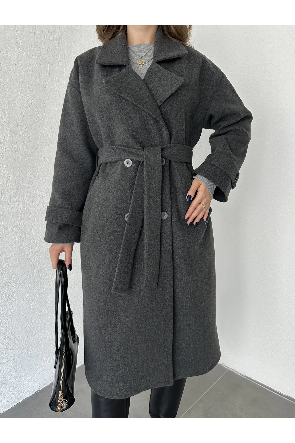 Antrasit Kruvaze Oversize Premium Kalite Kuşaklı Tam Boy Uzun Kaşe Mont