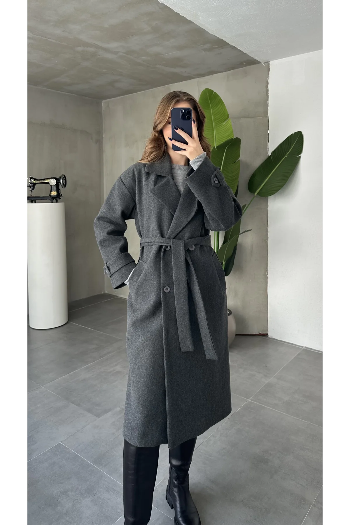 Antrasit Kruvaze Oversize Premium Kalite Kuşaklı Tam Boy Uzun Kaşe Mont