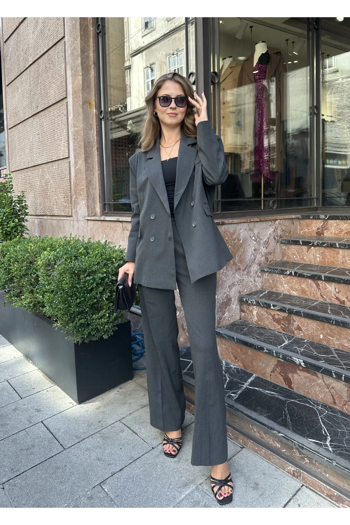 Antrasit Oversize Kruvaze Ceket Tam Kalıp Palazzo Pantolon Viskon Premium İkili Takım
