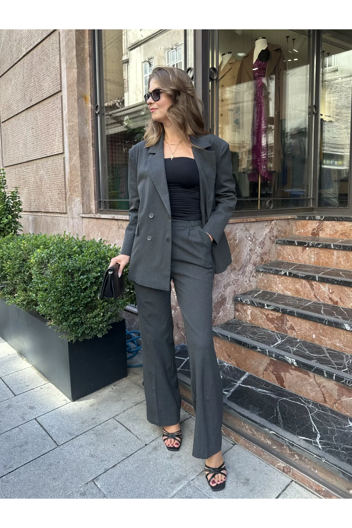 Antrasit Oversize Kruvaze Ceket Tam Kalıp Palazzo Pantolon Viskon Premium İkili Takım