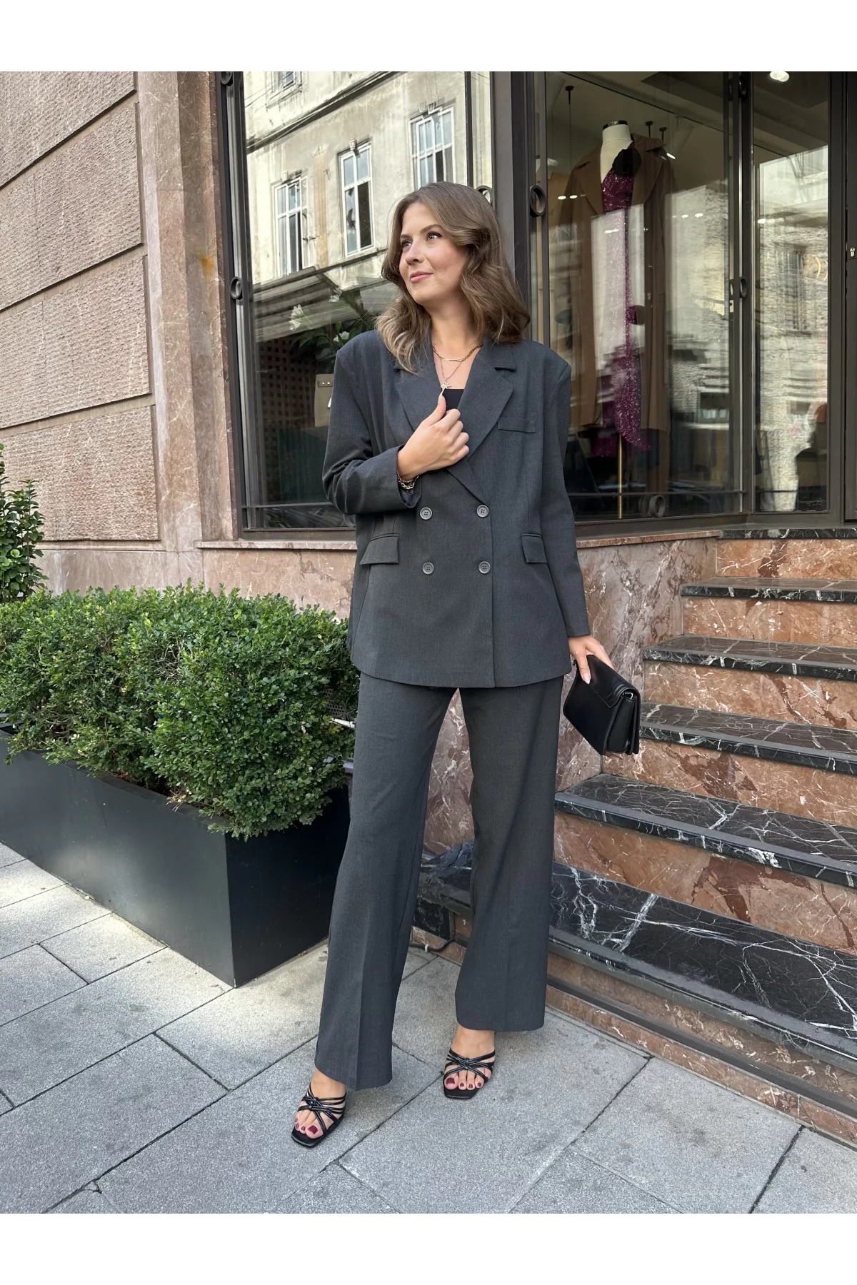 Antrasit Oversize Kruvaze Ceket Tam Kalıp Palazzo Pantolon Viskon Premium İkili Takım