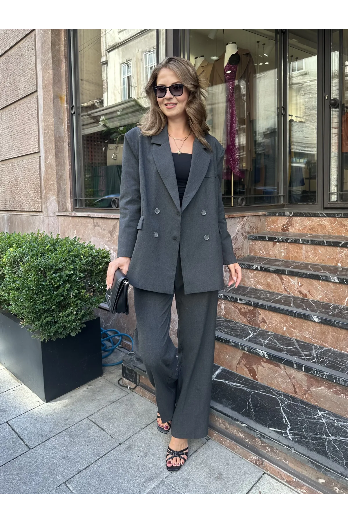 Antrasit Oversize Kruvaze Ceket Tam Kalıp Palazzo Pantolon Viskon Premium İkili Takım