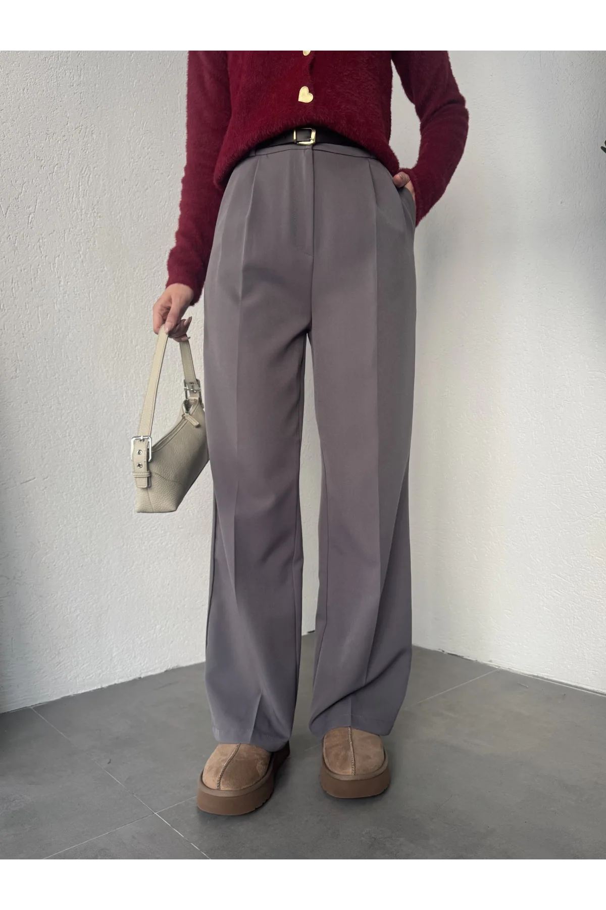 Antrasit Pileli Tam Kalıp Bel Oturtmalı Geniş Paça Palazzo Pantolon