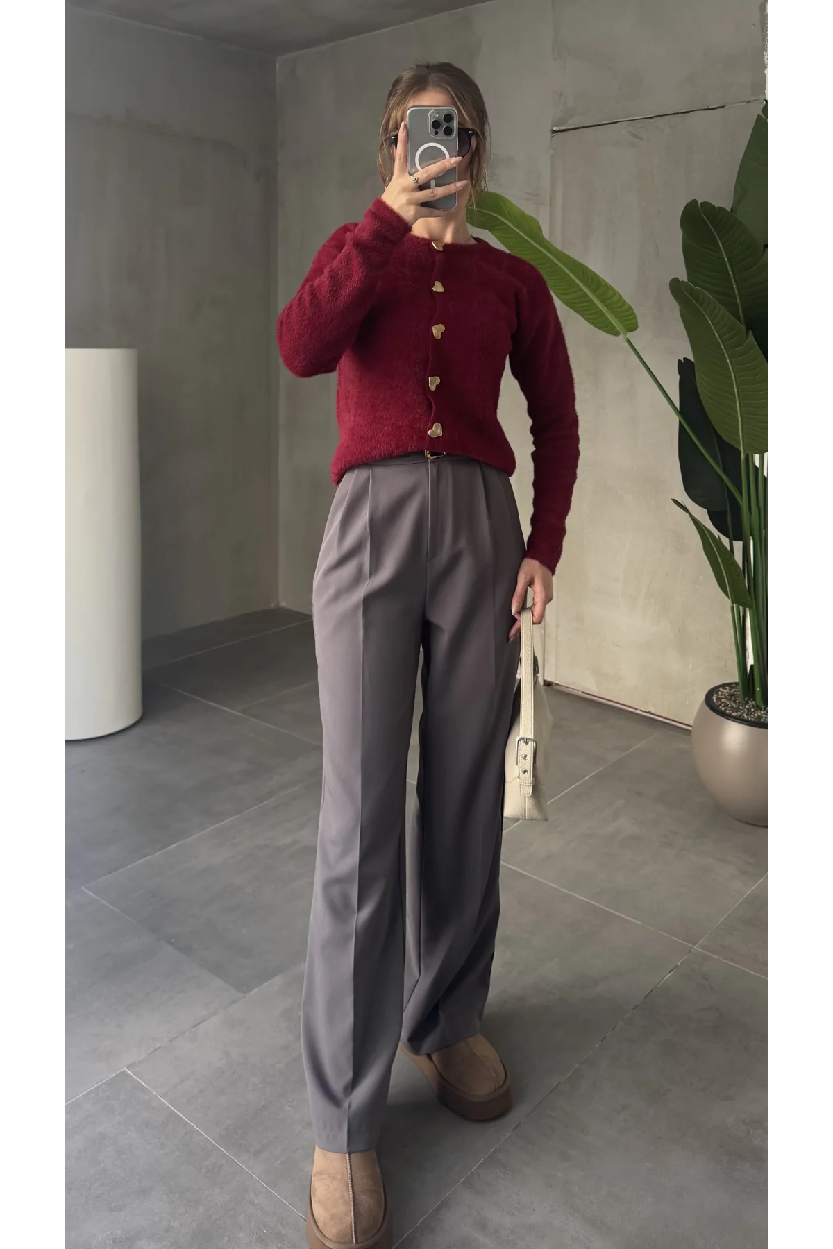 Antrasit Pileli Tam Kalıp Bel Oturtmalı Geniş Paça Palazzo Pantolon