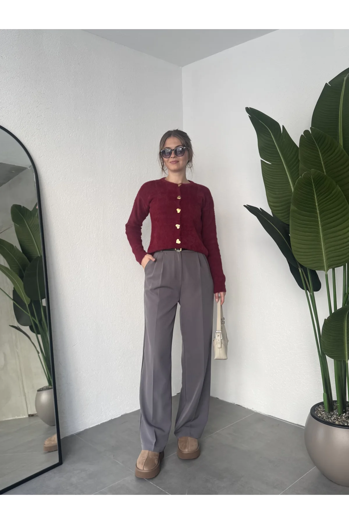 Antrasit Pileli Tam Kalıp Bel Oturtmalı Geniş Paça Palazzo Pantolon