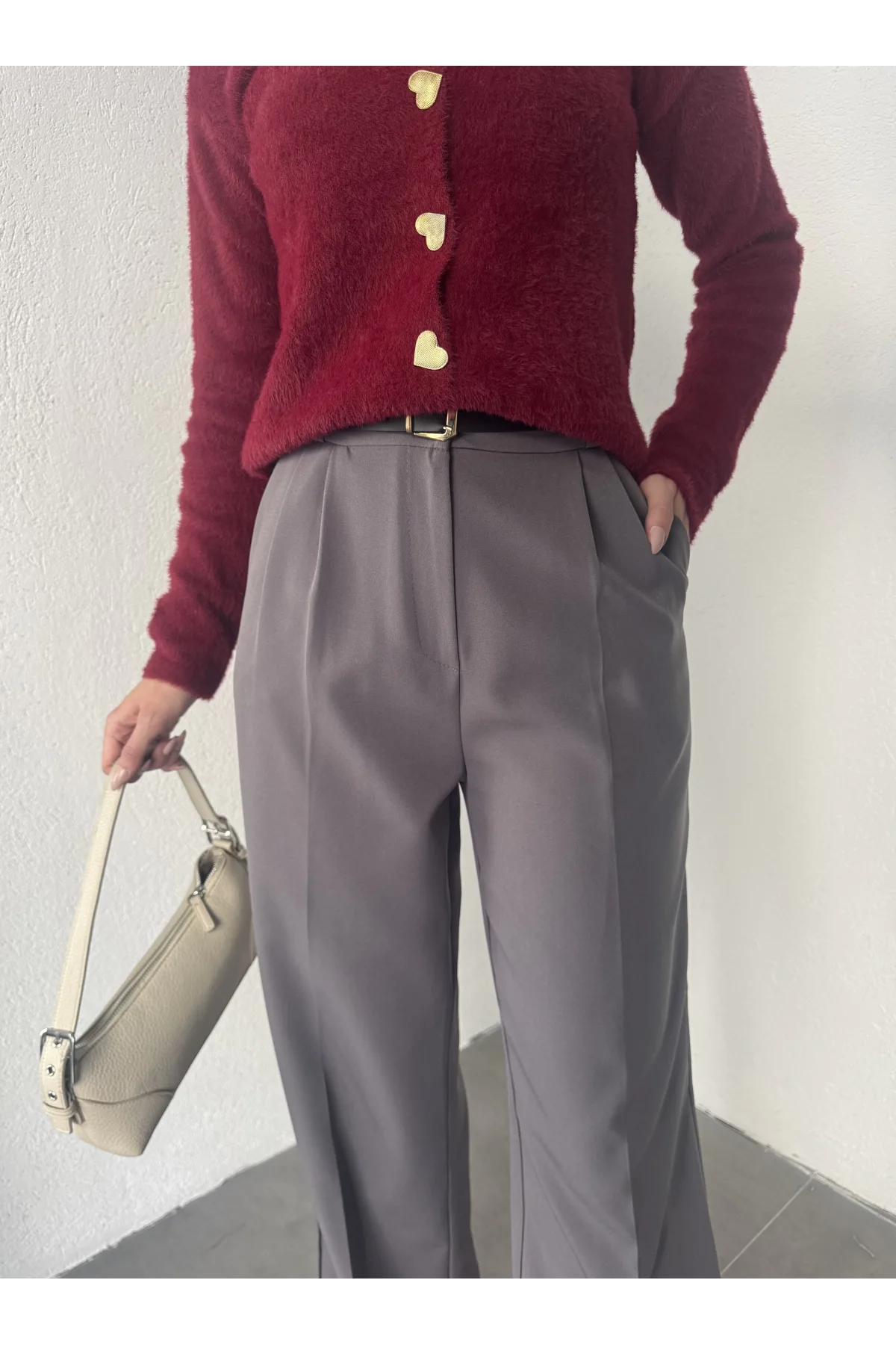 Antrasit Pileli Tam Kalıp Bel Oturtmalı Geniş Paça Palazzo Pantolon