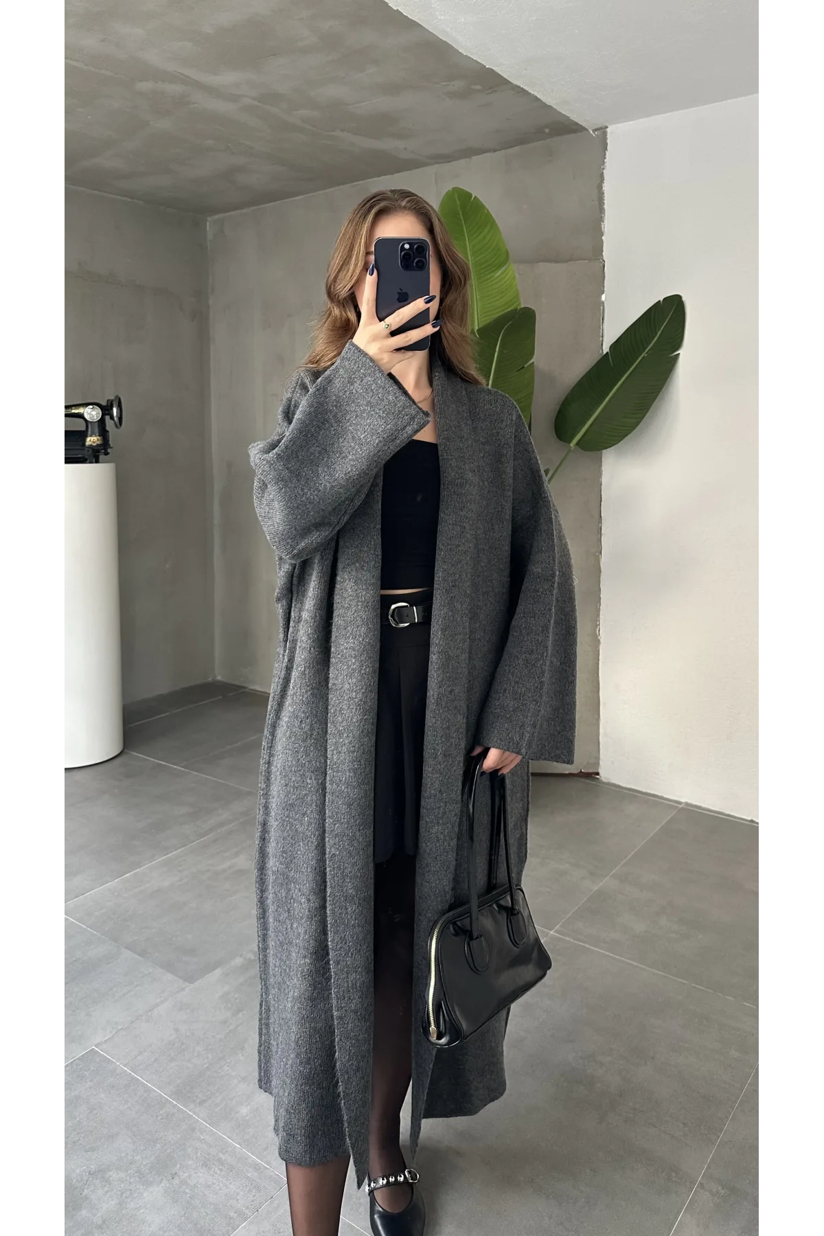 Antrasit Şal Yaka Tam Boy Uzun Salaş Oversize Triko Hırka