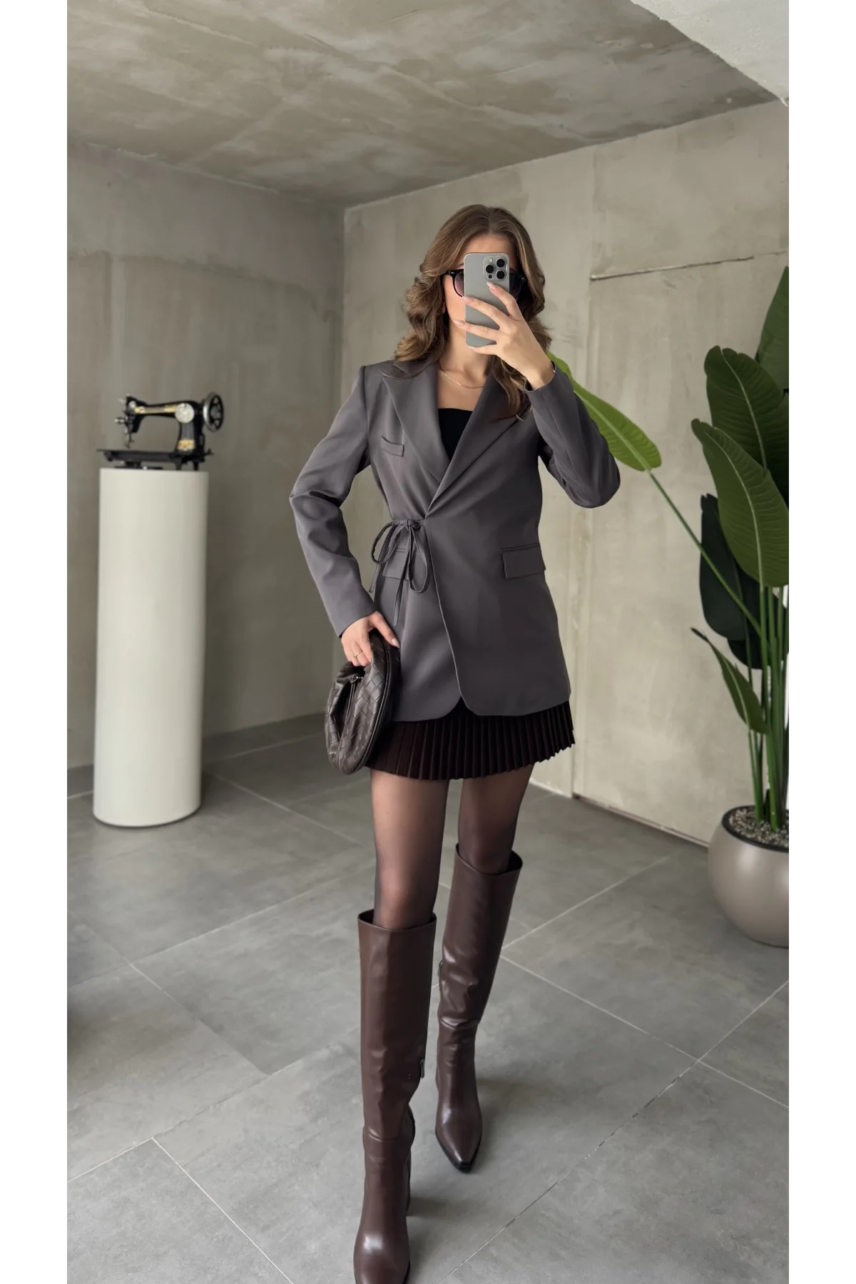 Antrasit Yandan Bağlamalı Astarlı Günlük Ceket