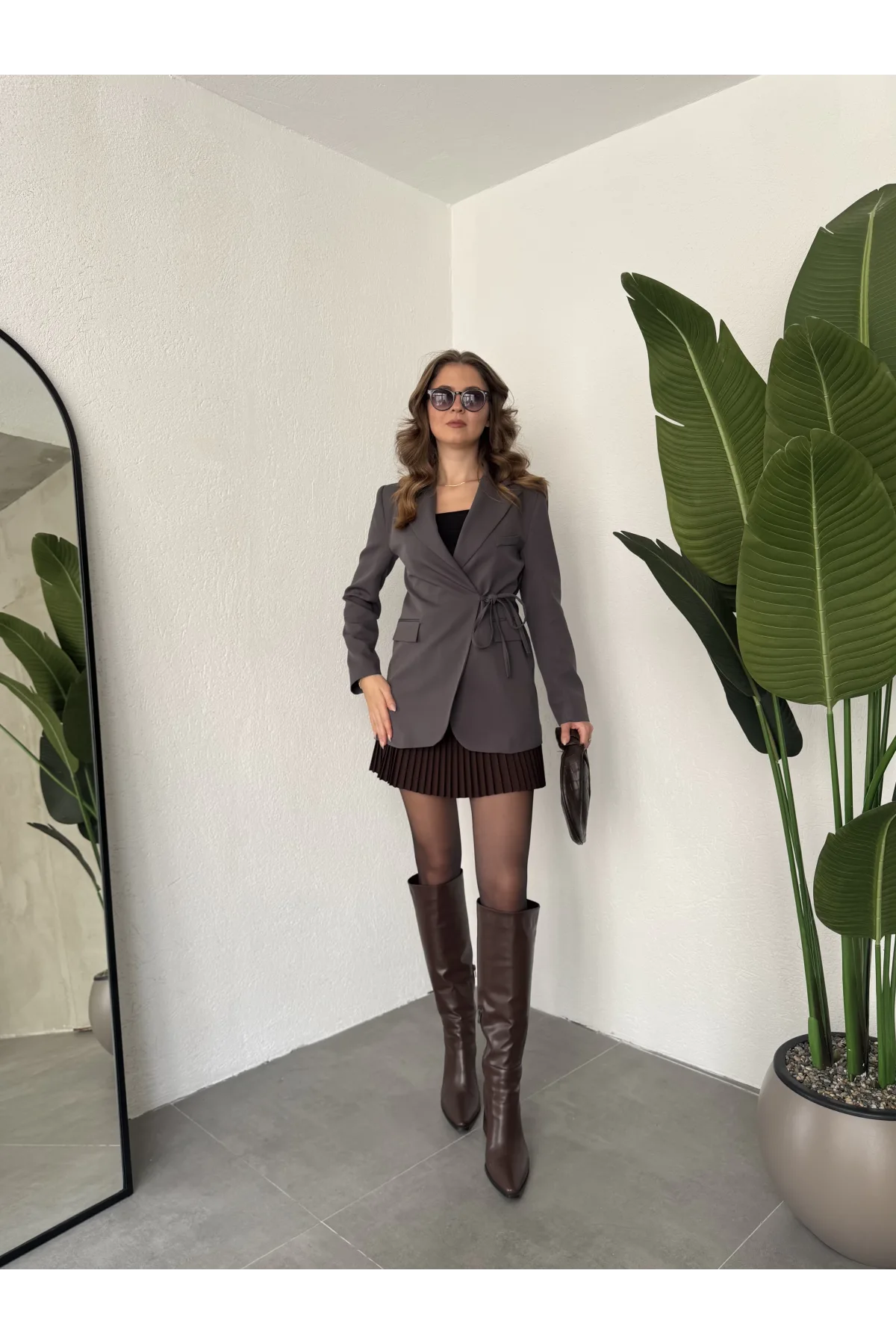 Antrasit Yandan Bağlamalı Astarlı Günlük Ceket