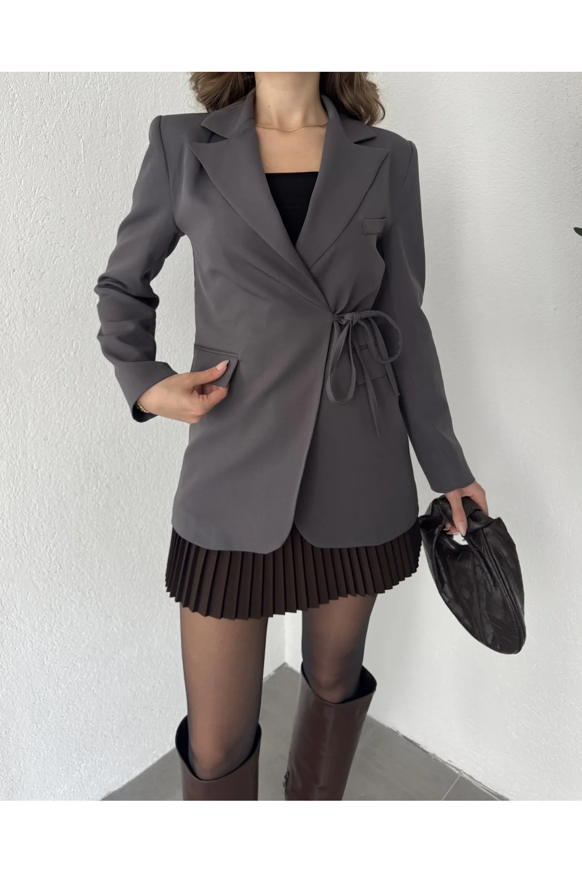 Antrasit Yandan Bağlamalı Astarlı Günlük Ceket