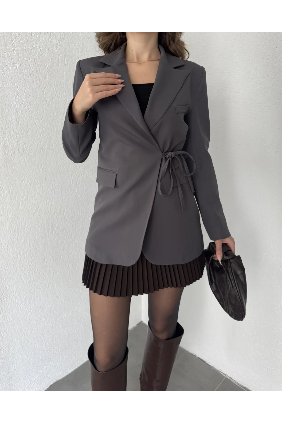 Antrasit Yandan Bağlamalı Astarlı Günlük Ceket