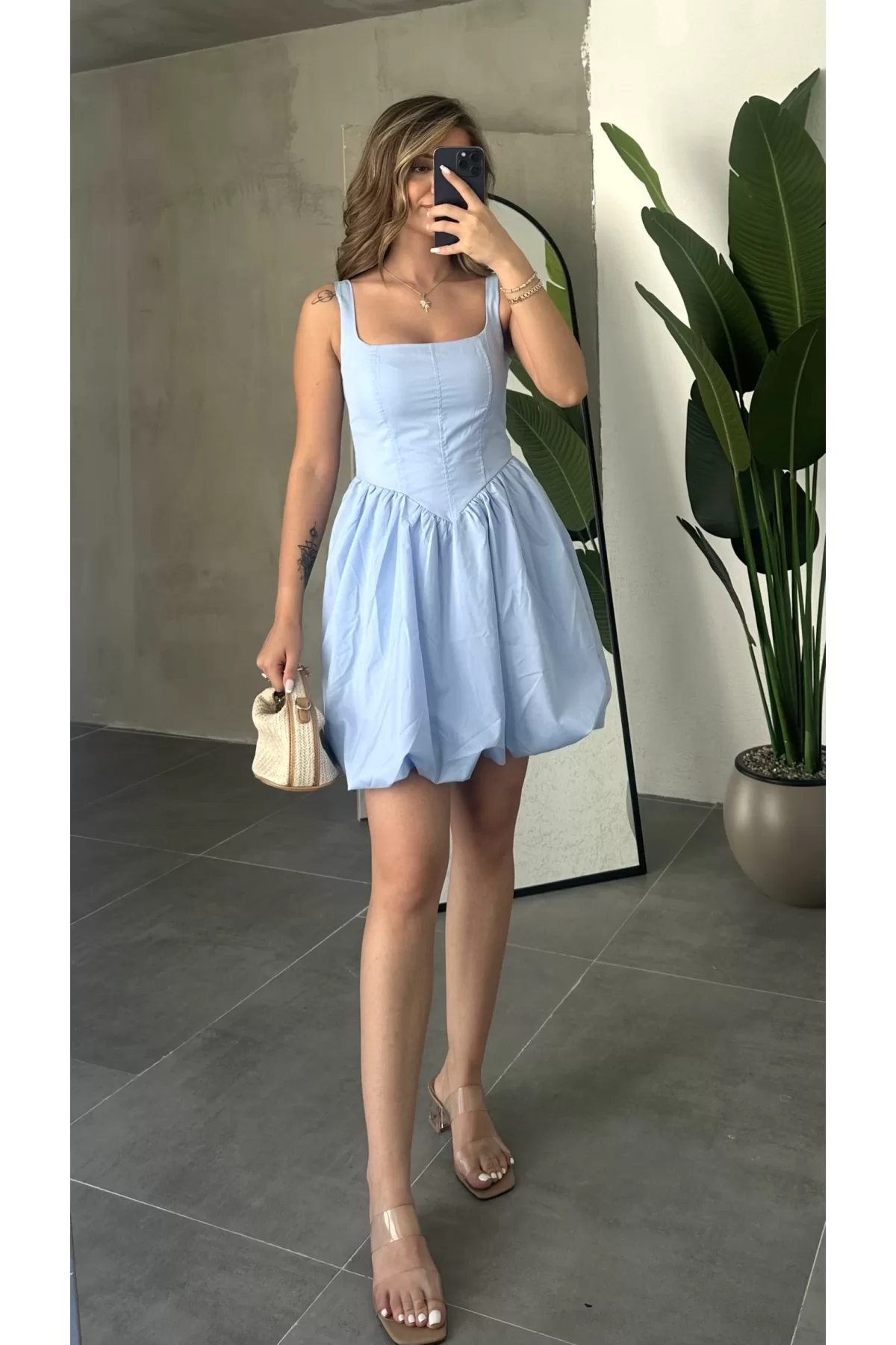 Bebe Mavisi Askılı Balon Etek Mini Elbise