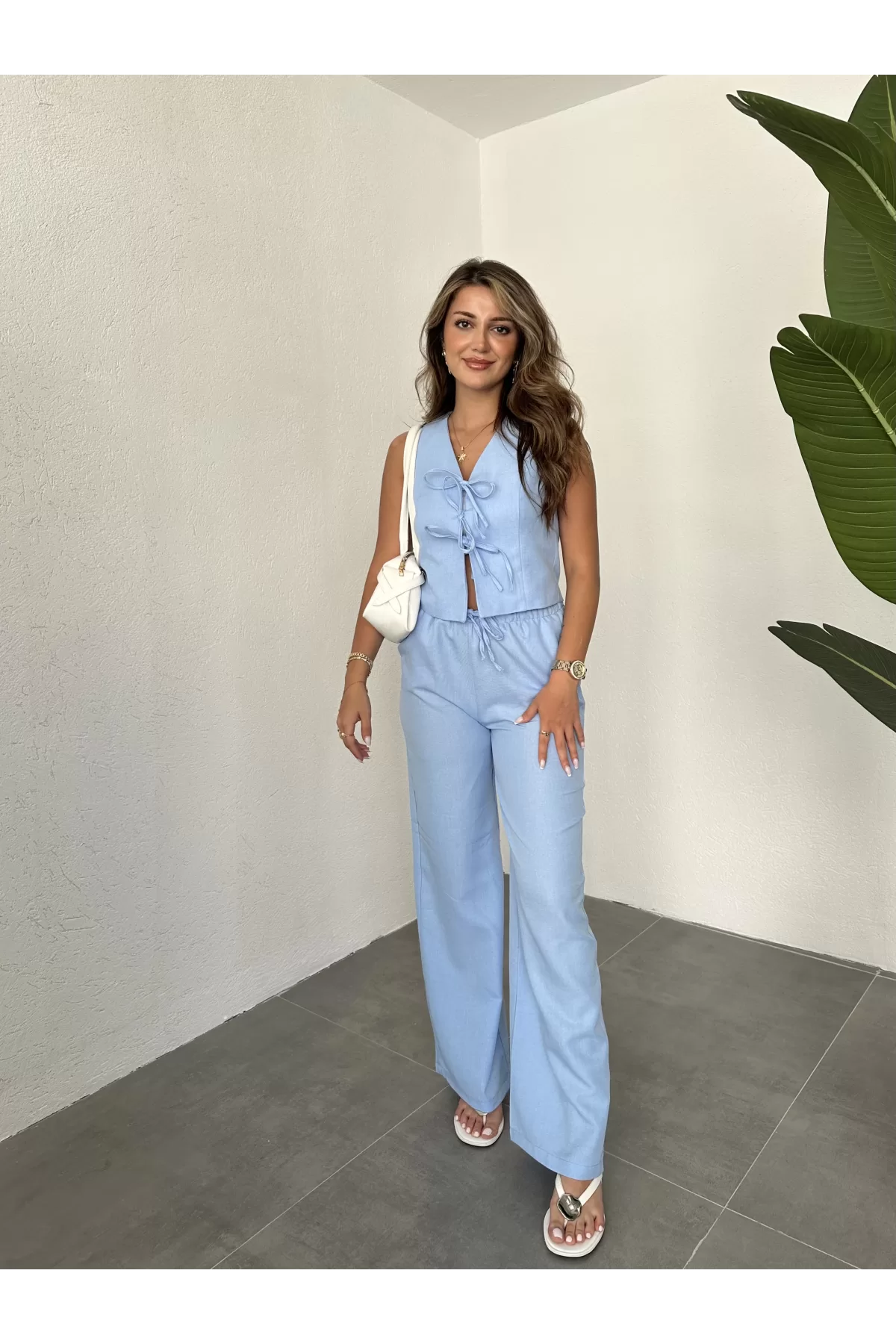Bebe Mavisi Keten Önü Bağlamalı Yelek-Beli Lastikli Palazzo Pantolon