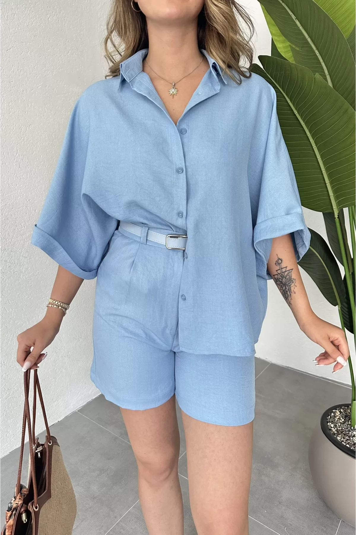 Bebe Mavisi Oversize Keten Şort & Gömlek İkili Takım