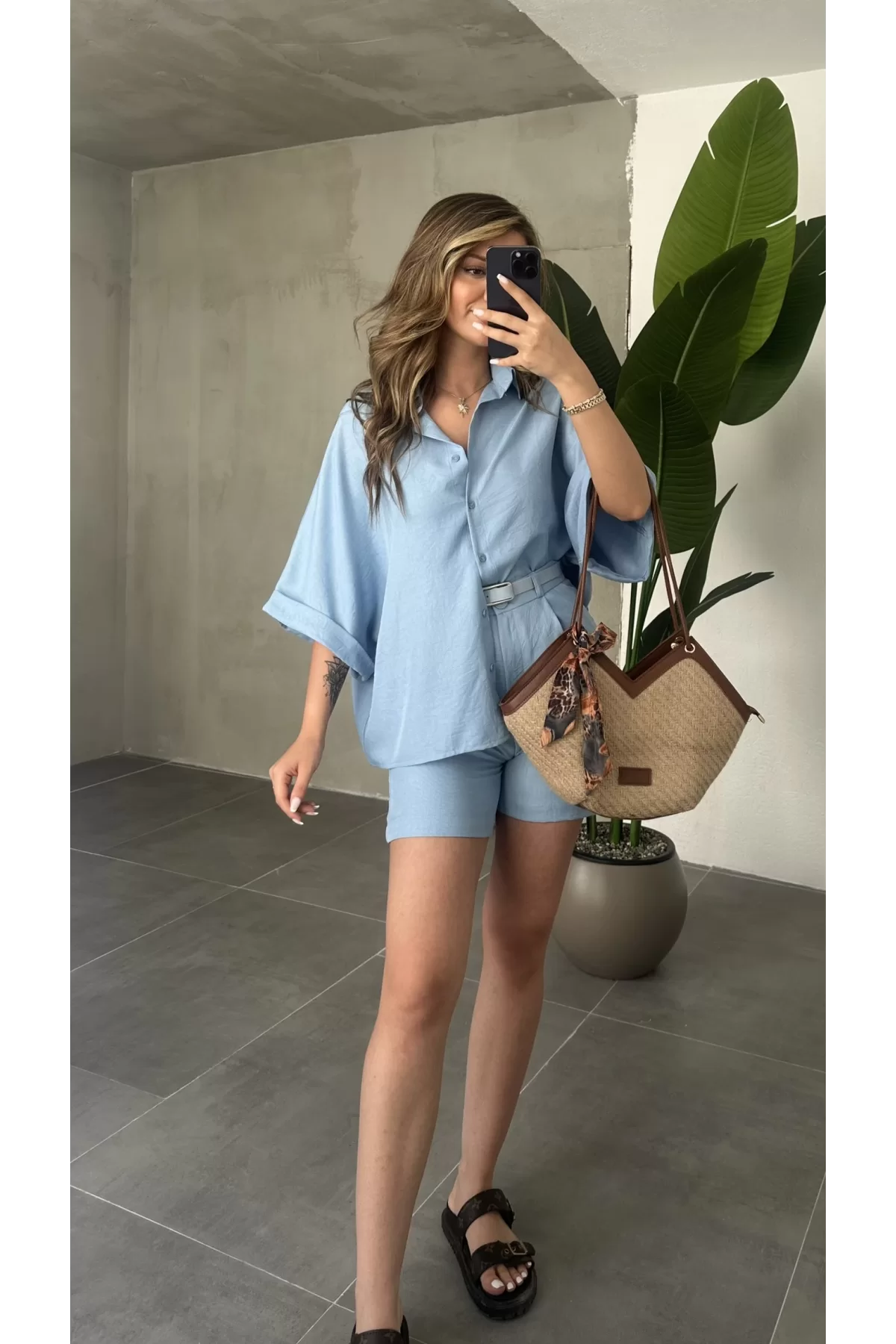 Bebe Mavisi Oversize Keten Şort & Gömlek İkili Takım
