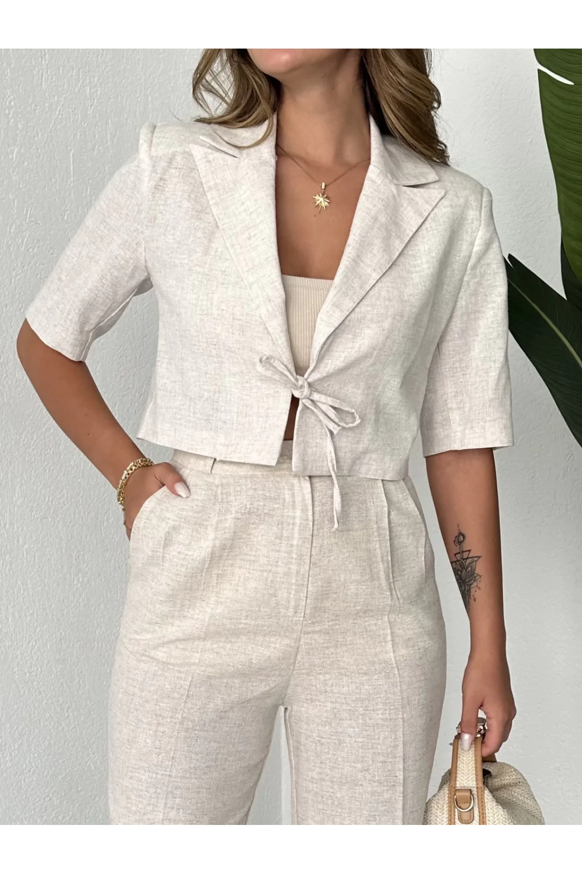 Bej Keten Yarım Kol Crop Ceket&Pantolon İkili Takım