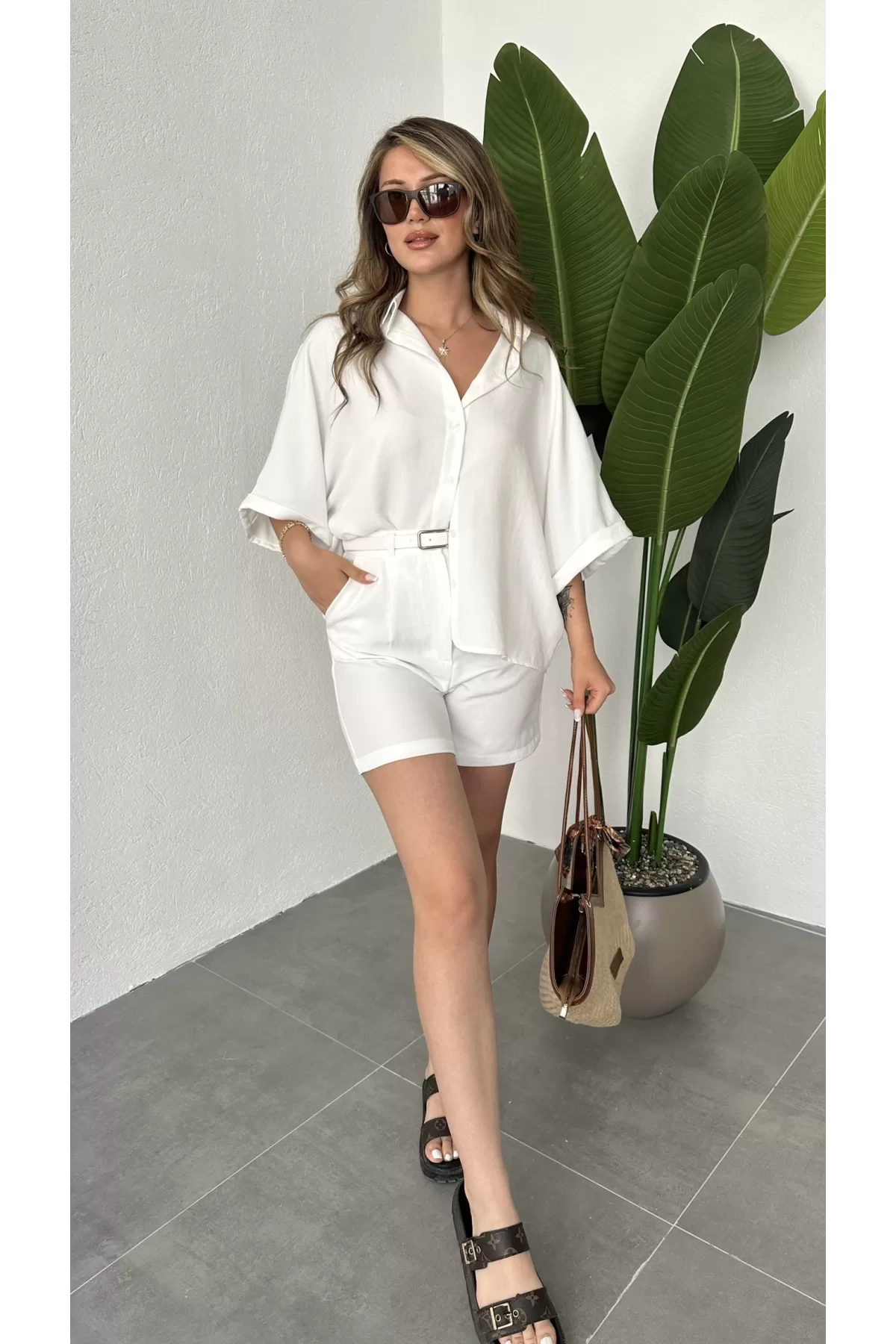 Beyaz Oversize Keten Şort & Gömlek İkili Takım