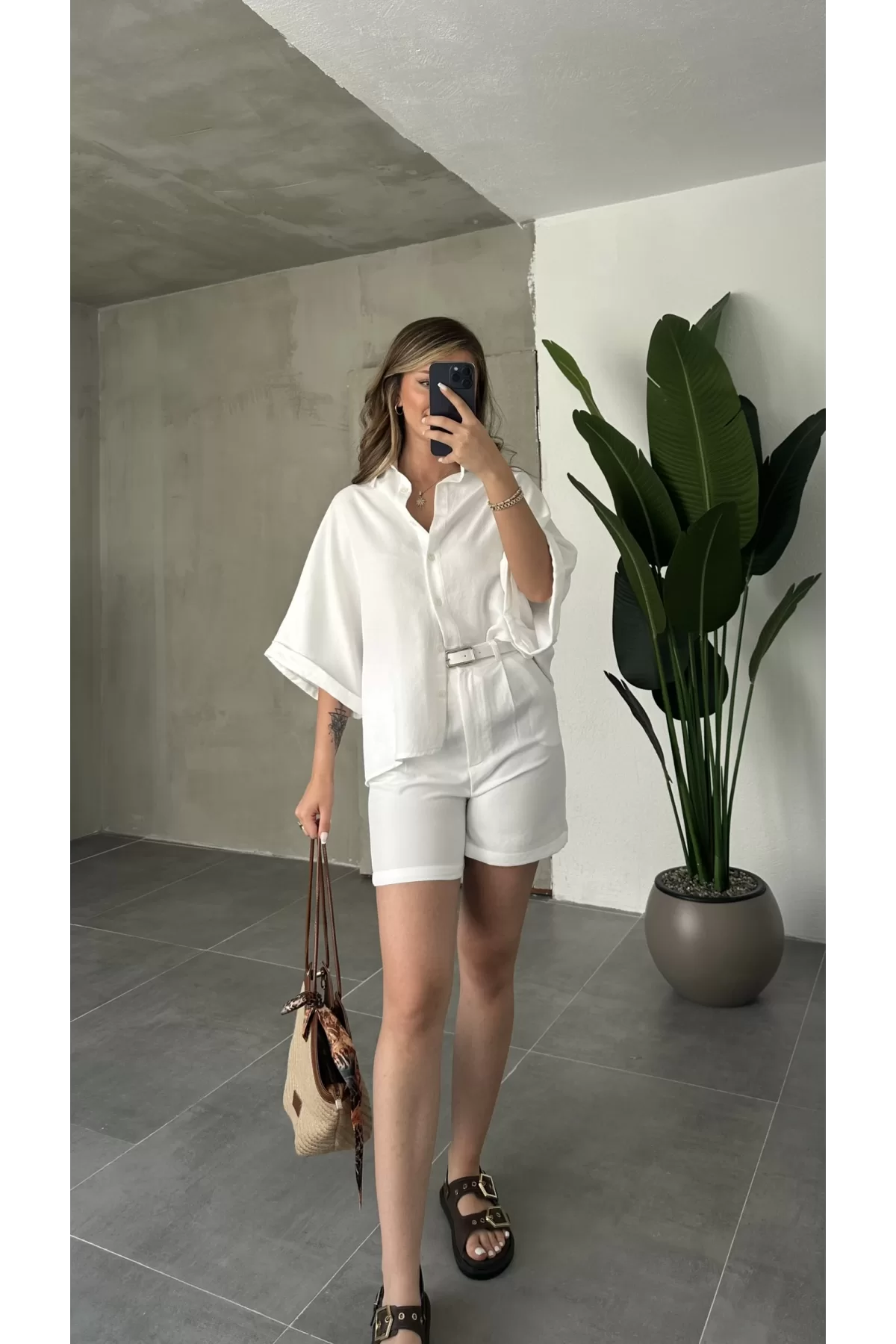 Beyaz Oversize Keten Şort & Gömlek İkili Takım
