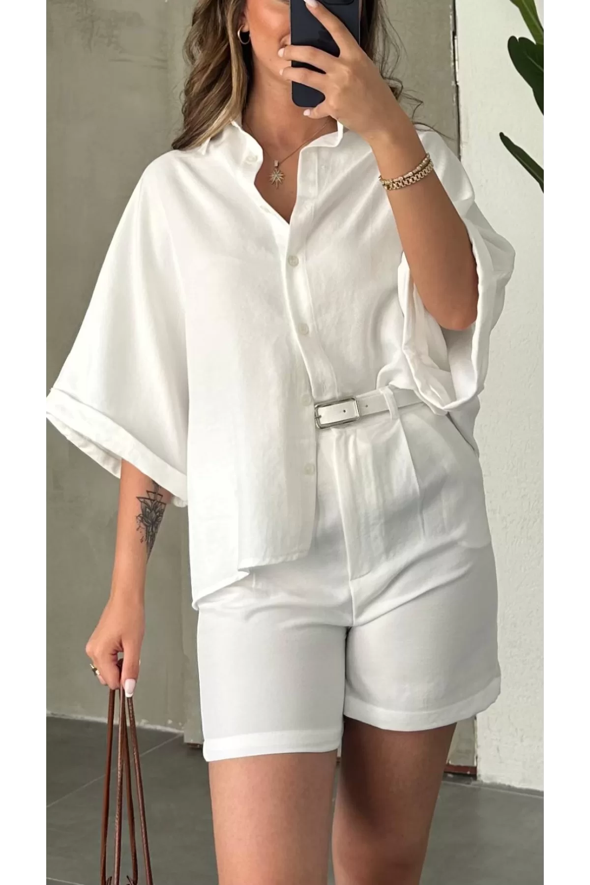 Beyaz Oversize Keten Şort & Gömlek İkili Takım