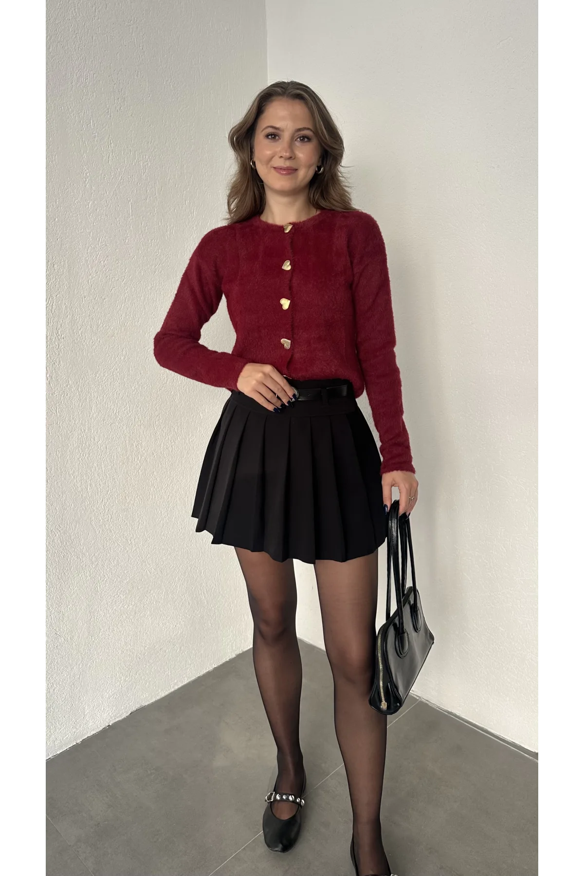Bordo Bisiklet Yaka Kalpli Düğme Detaylı Yumoş Triko Hırka