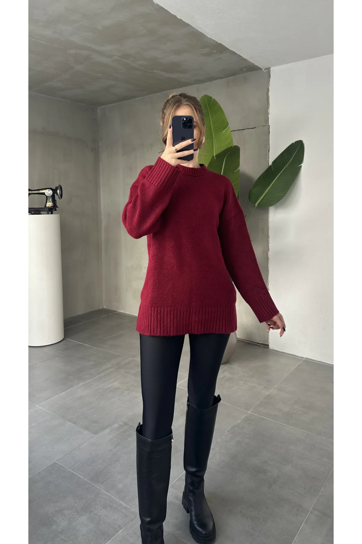 Bordo Bisiklet Yaka Tam Salaş Oversize Uzun Triko Kazak