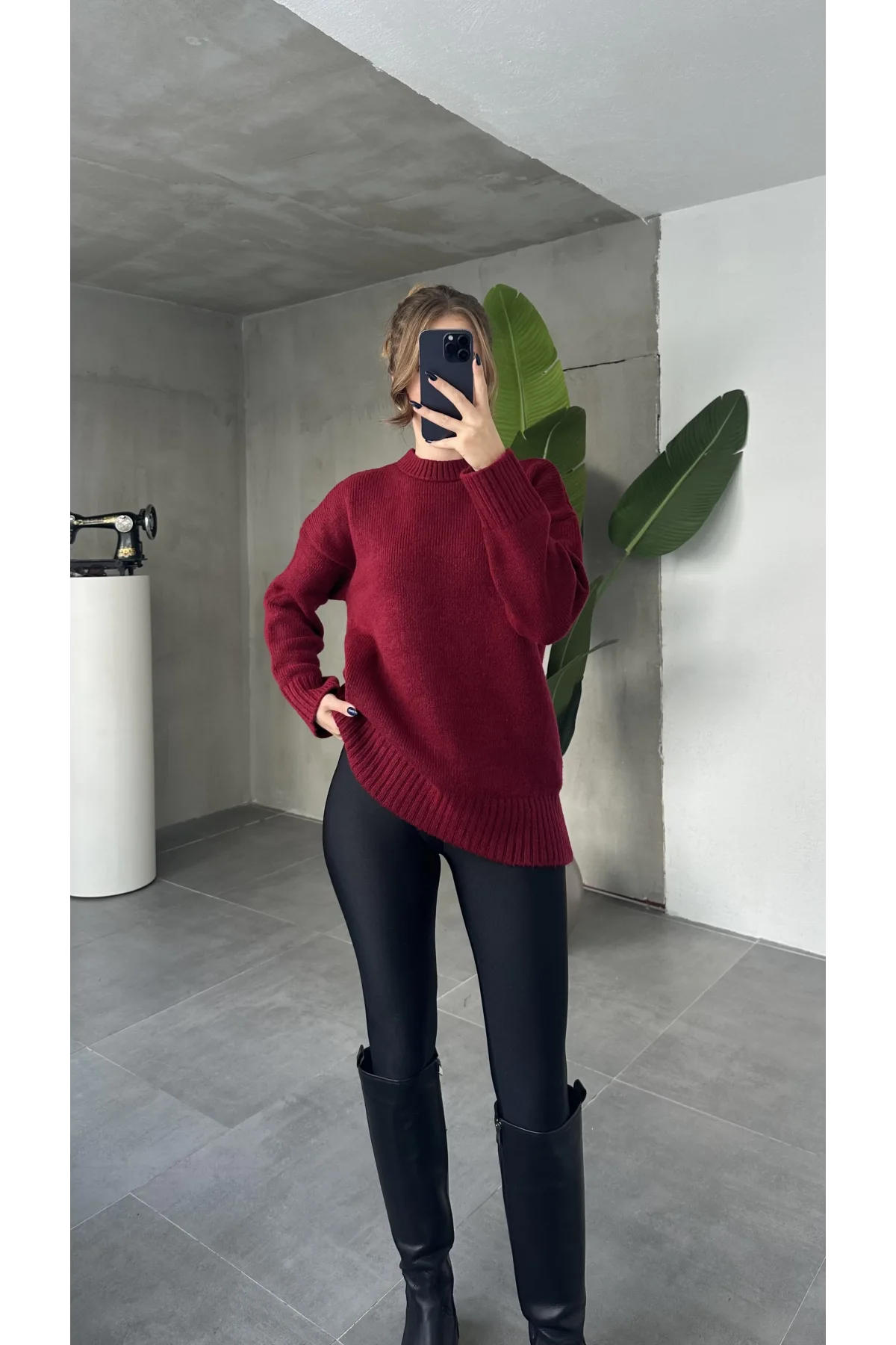 Bordo Bisiklet Yaka Tam Salaş Oversize Uzun Triko Kazak