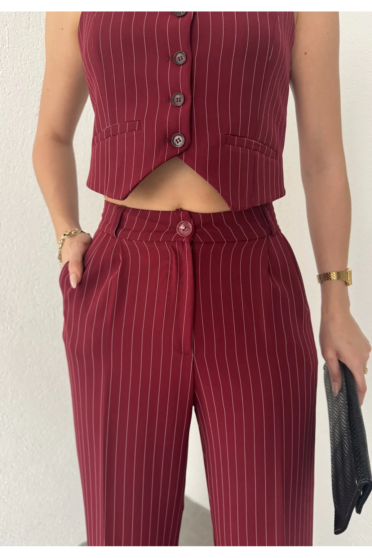 Bordo Çizgili Düğmeli Yelek Pileli Palazzo Pantolon İkili Takım