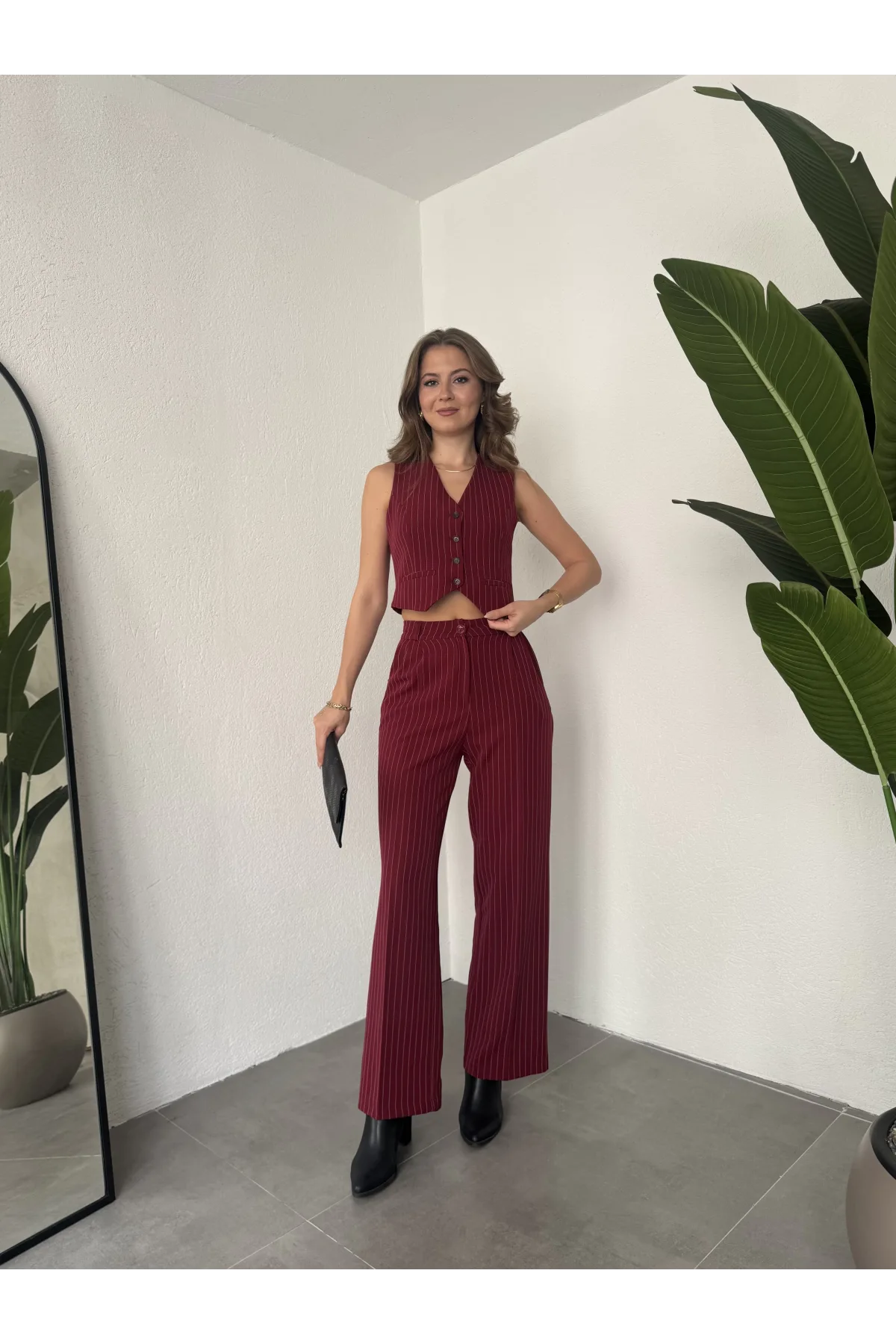 Bordo Çizgili Düğmeli Yelek Pileli Palazzo Pantolon İkili Takım