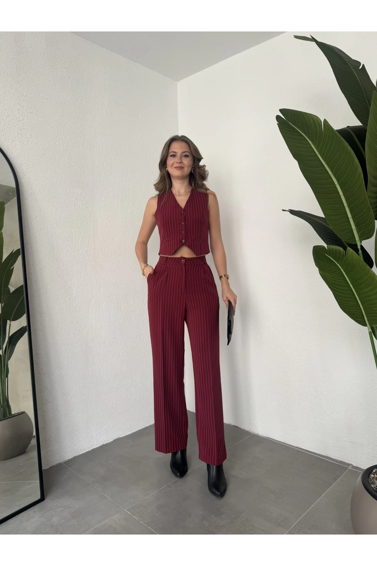 Bordo Çizgili Düğmeli Yelek Pileli Palazzo Pantolon İkili Takım