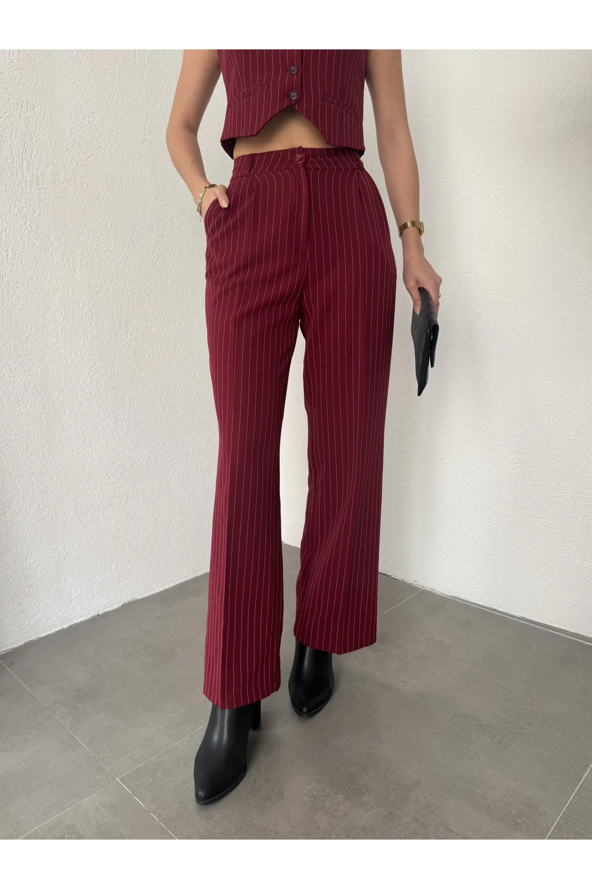 Bordo Çizgili Pileli Tam Kalıp Bel Oturtmalı Geniş Paça Palazzo Pantolon