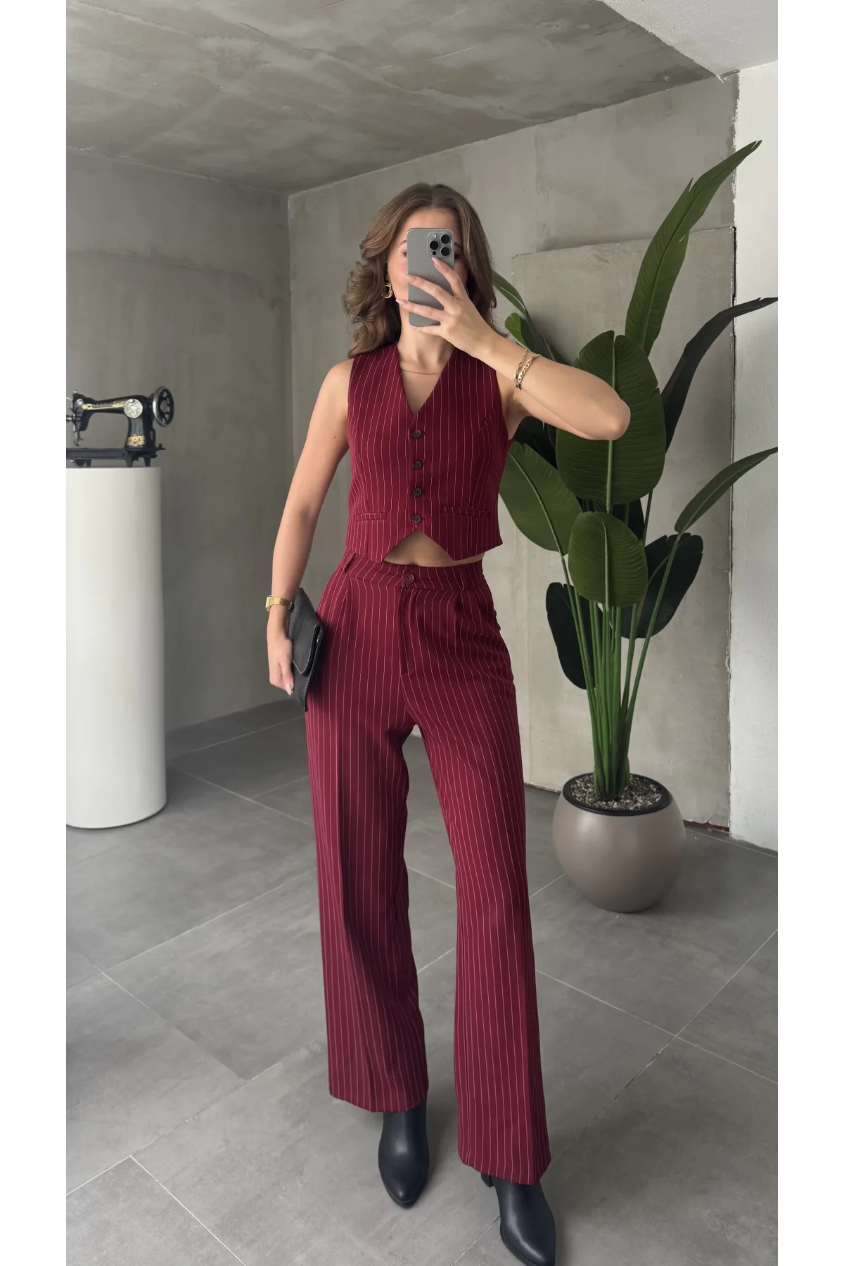 Bordo Çizgili Pileli Tam Kalıp Bel Oturtmalı Geniş Paça Palazzo Pantolon
