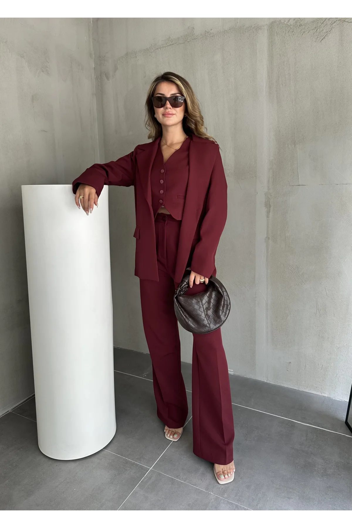 Bordo Double Yelek-Pantolon-Blazer Ceket 3lü Set Takım