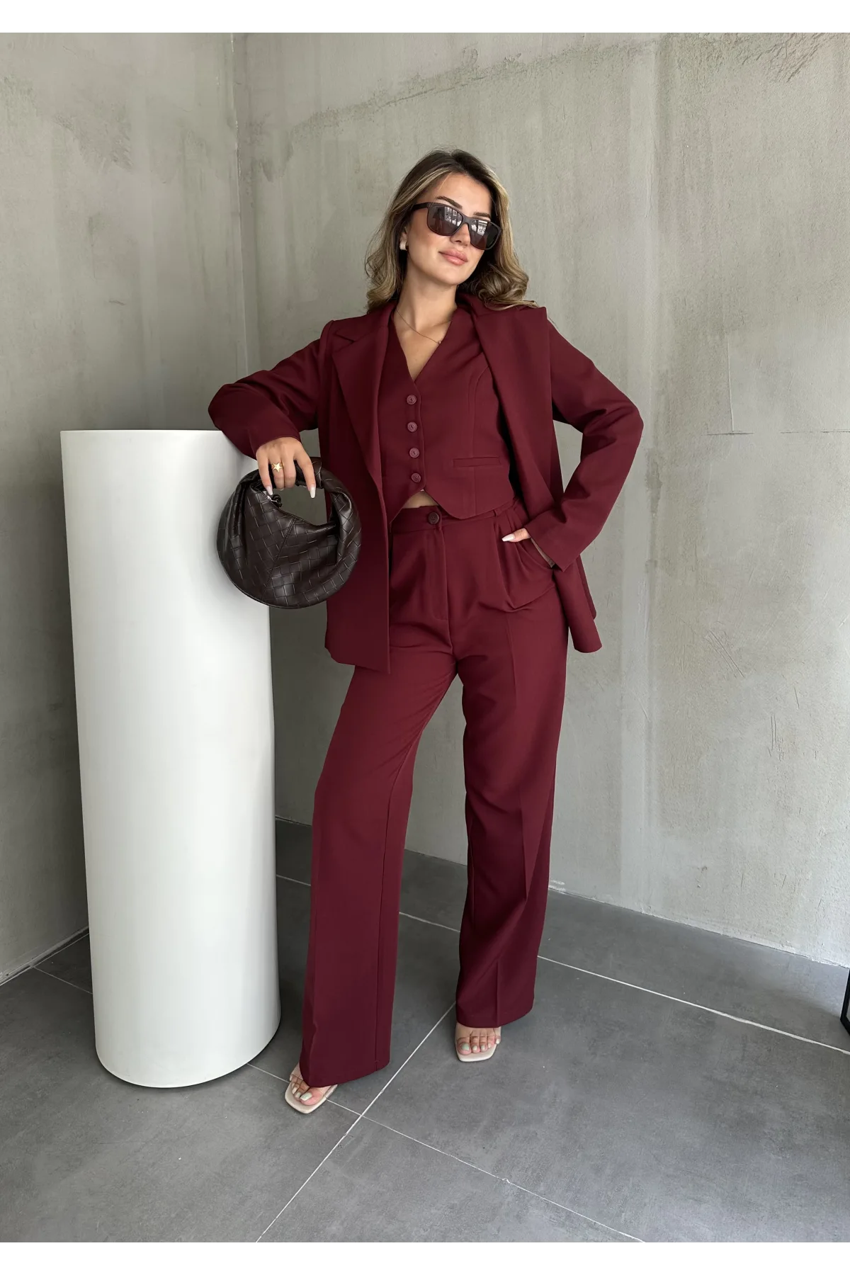 Bordo Double Yelek-Pantolon-Blazer Ceket 3lü Set Takım