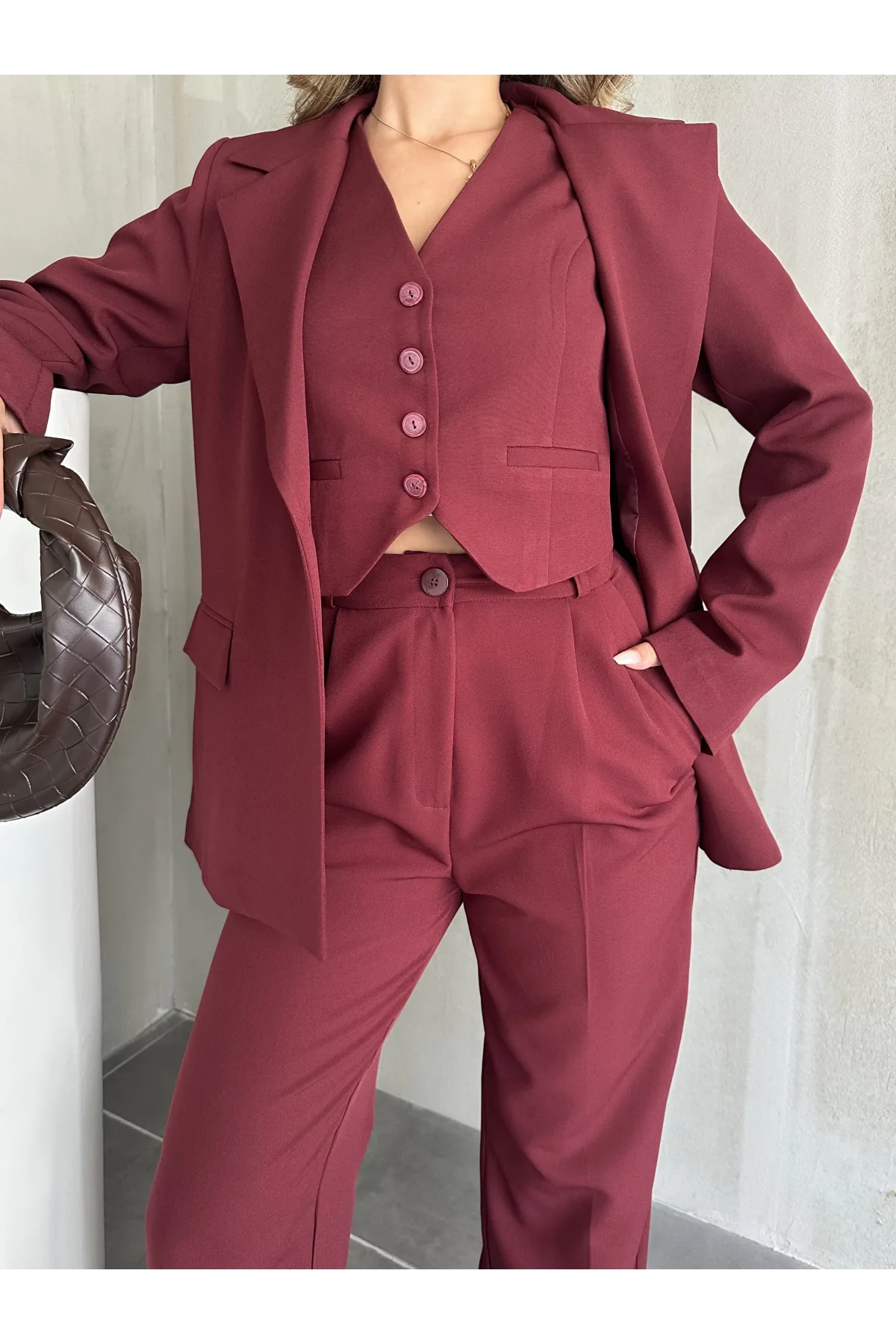 Bordo Double Yelek-Pantolon-Blazer Ceket 3lü Set Takım